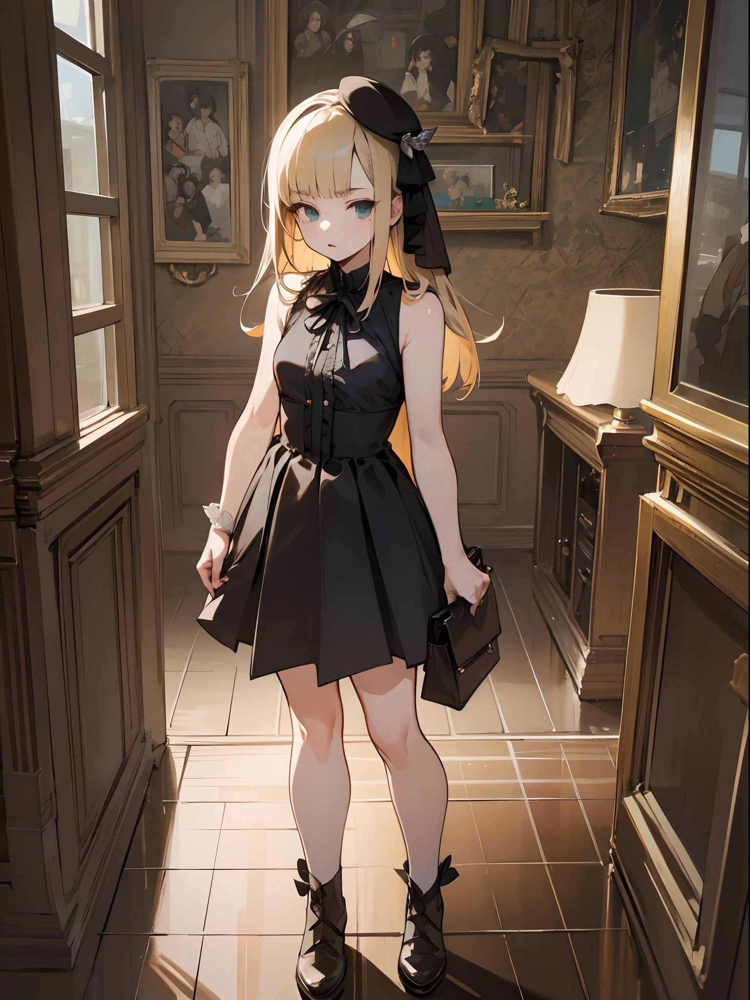 Reines, 1girl, high quality, best quality, illustration, masterpiece, (highly detailed:1.2), (extremely detailed:1.3), small breasts, child, bare shoulders, young girl, string ribbon, short skirt, full body, braid, petite, curvy loli, in a house