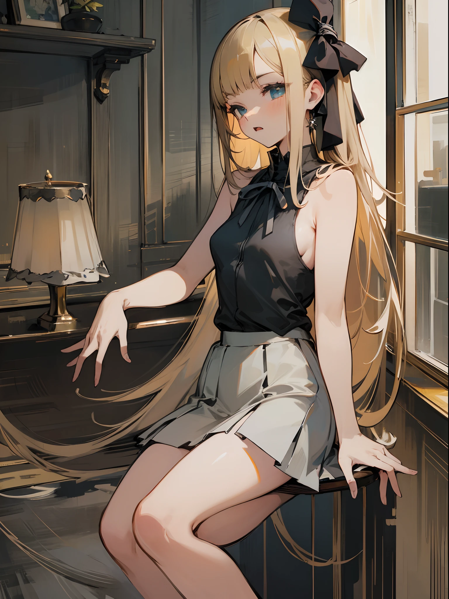Reines, 1girl, high quality, best quality, illustration, masterpiece, (highly detailed:1.2), (extremely detailed:1.3), small breasts, sleeveless, young girl, string ribbon, short skirt, braid, full body, petite, loli, in a house