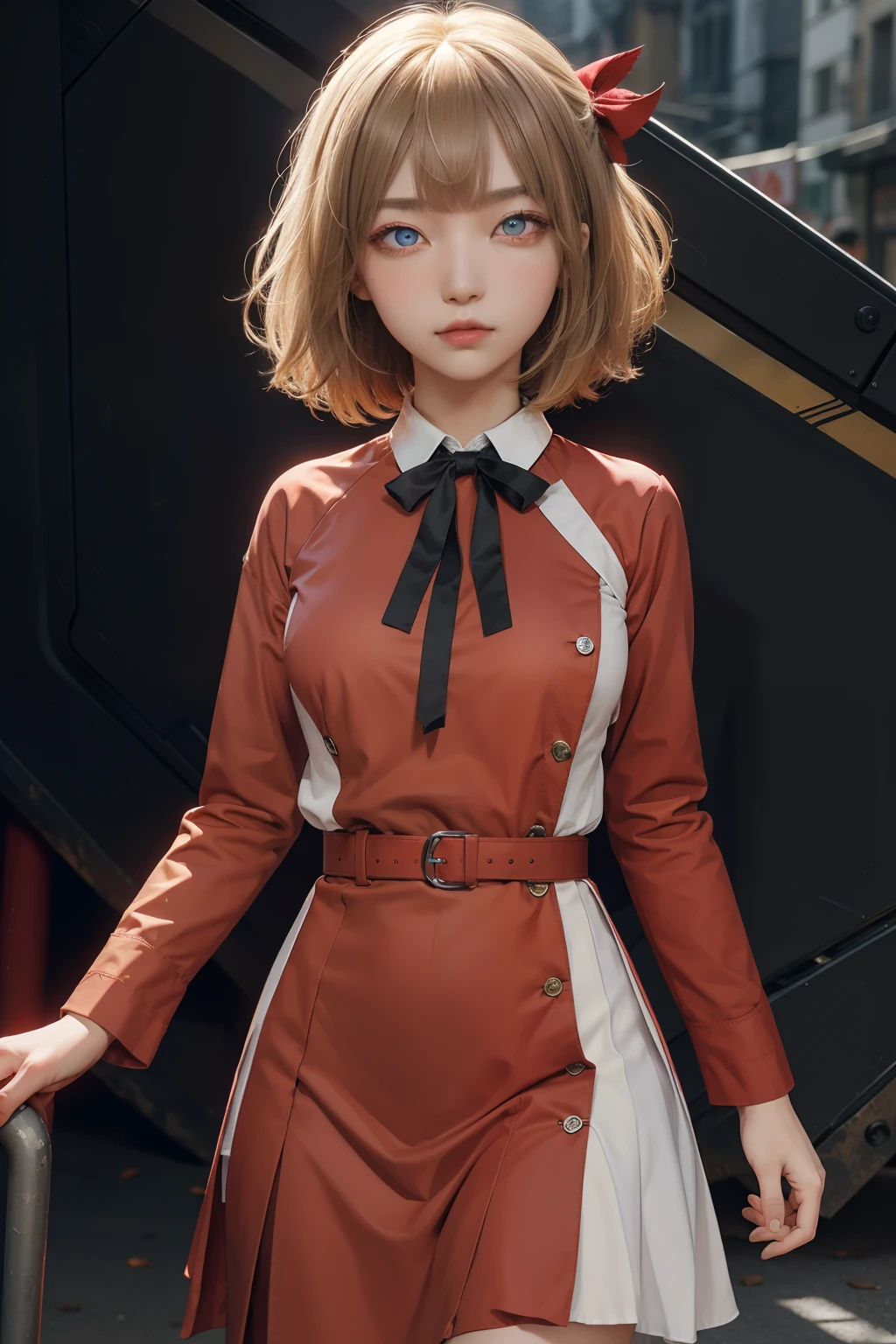 chisatonishikigi, nishikigi chisato, short hair, bangs, blonde hair, (red eyes:1.5), hair ribbon, one side up, bob cut,
BREAK shirt, long sleeves, dress, ribbon, white shirt, collared shirt, belt, neck ribbon, red dress, blue ribbon, pleated dress, grey dress, two-tone dress, red belt, lycoris uniform,,
BREAK outdoors, city,
BREAK looking at viewer, BREAK (masterpiece:1.2), best quality, high resolution, unity 8k wallpaper, (illustration:0.8), (beautiful detailed eyes:1.6), extremely detailed face, perfect lighting, extremely detailed CG, (perfect hands, perfect anatomy),