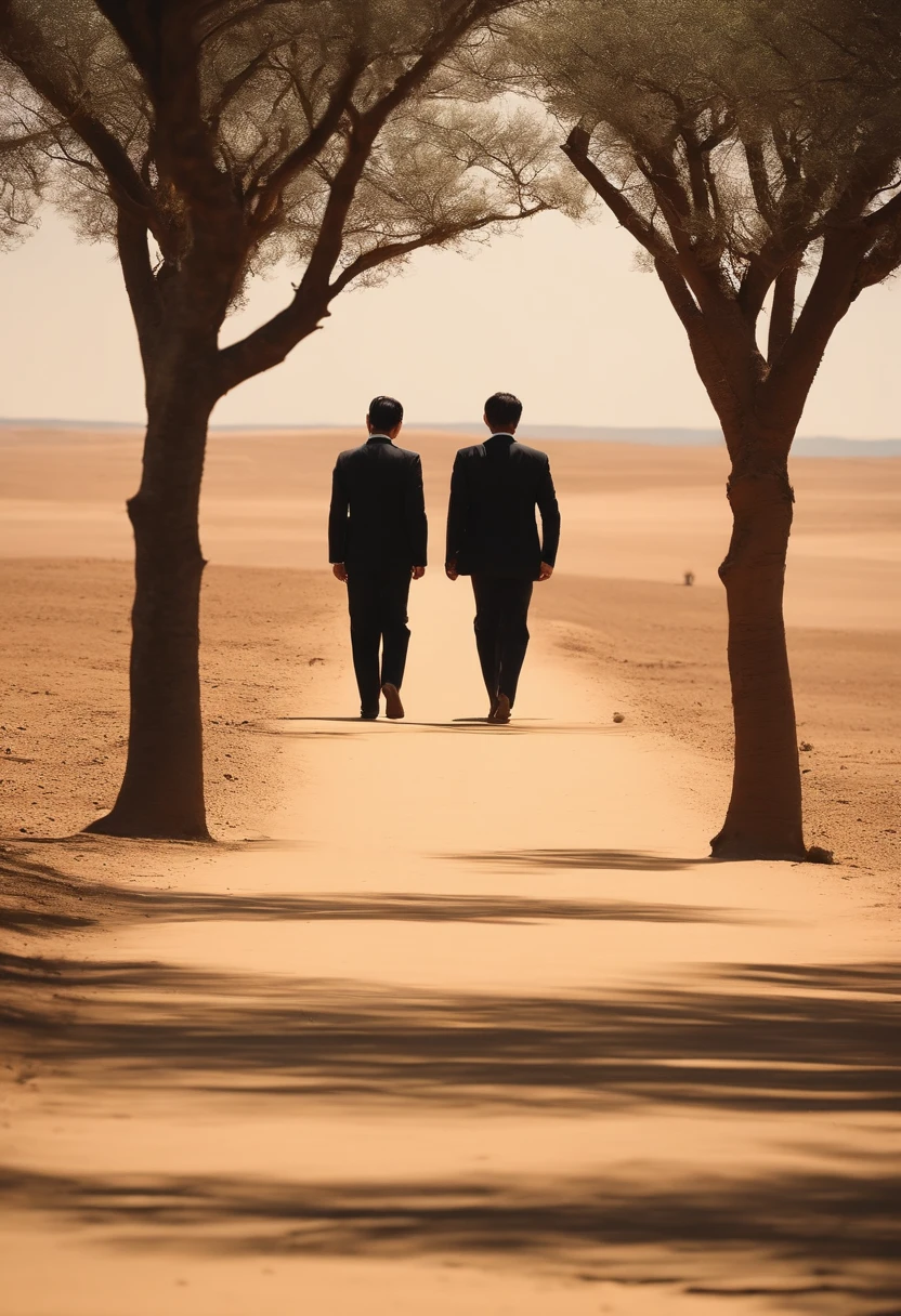 Creating a beautiful image of Japan men in suits walking on foot in vast desert、It's about bringing out artistic expressiveness。This scene is presented in the style of live-action.、I hope that the exhaustion in the shining sun will be captured in the distance.。