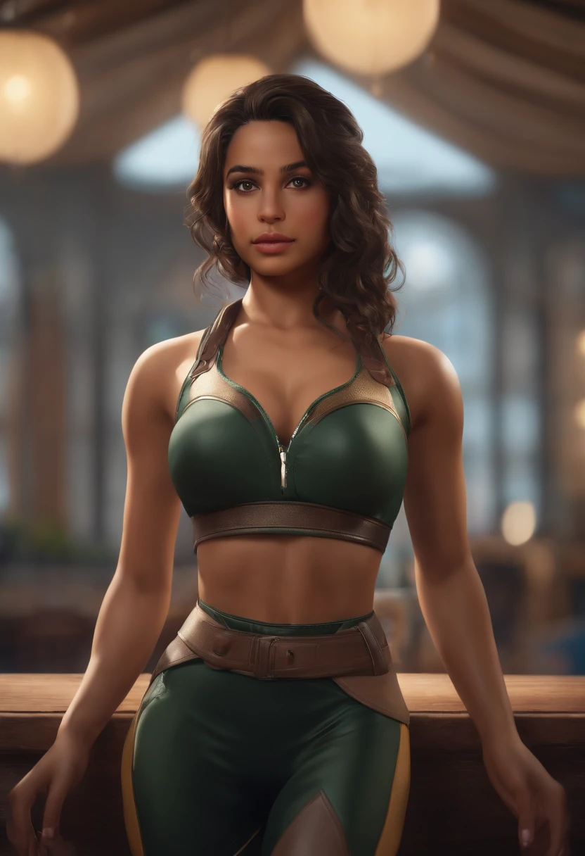 (best quality,4k,8k,highres,masterpiece:1.2), ultra-detailed, (realistic,photorealistic,photo-realistic:1.37), hispanic girl, straight dark brown hair, beautiful detailed eyes, light brown skin, hourglass body, strong, brown eyes, my hero academia art style, vibrant colors, dynamic lighting
