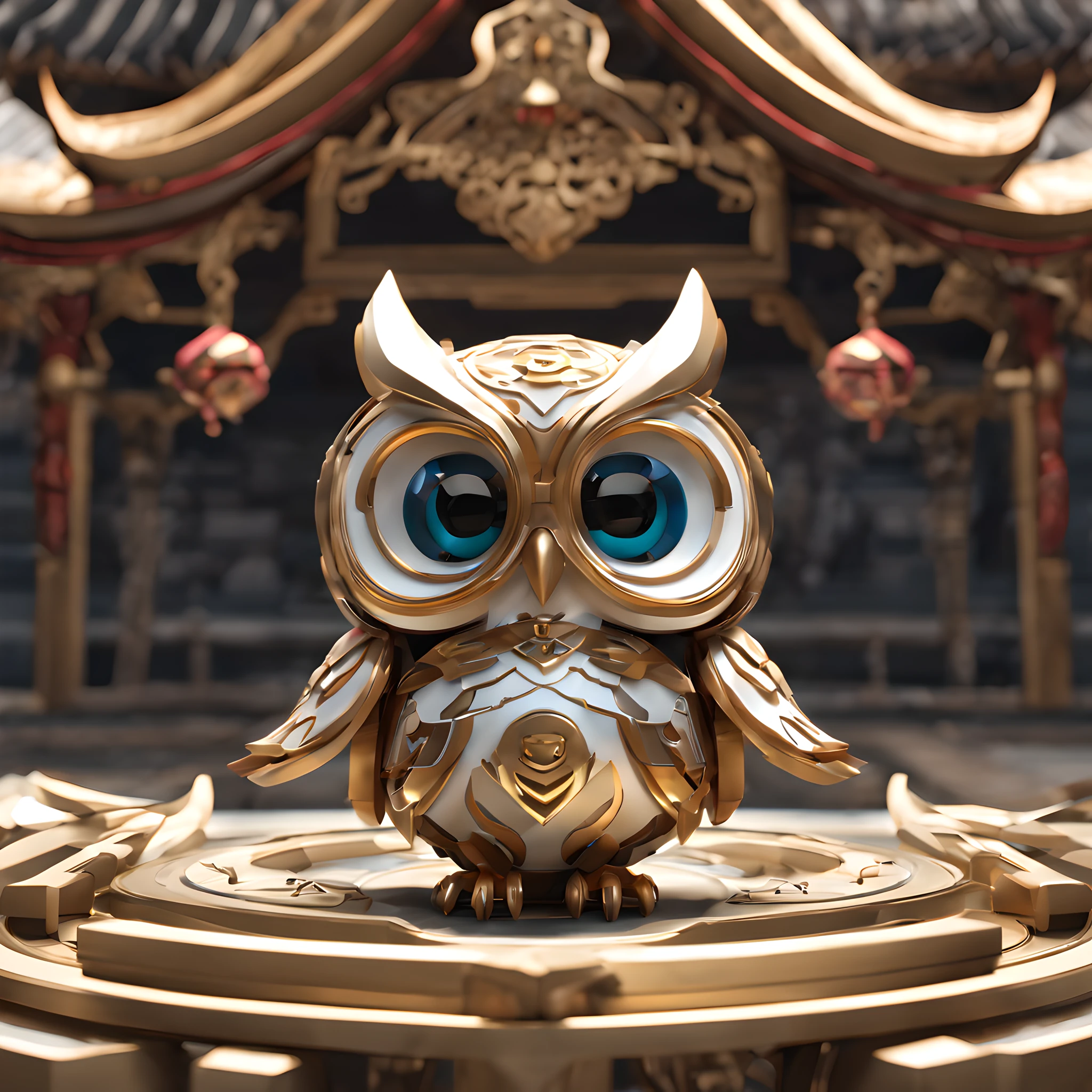 1 Cyborg Owl、Solo, chibi emote, Chibi Character, Mechanical body, 3d rendered, Photon mapping, Hyper Sharp, ultra-detailliert, Oriental Royal Roof、