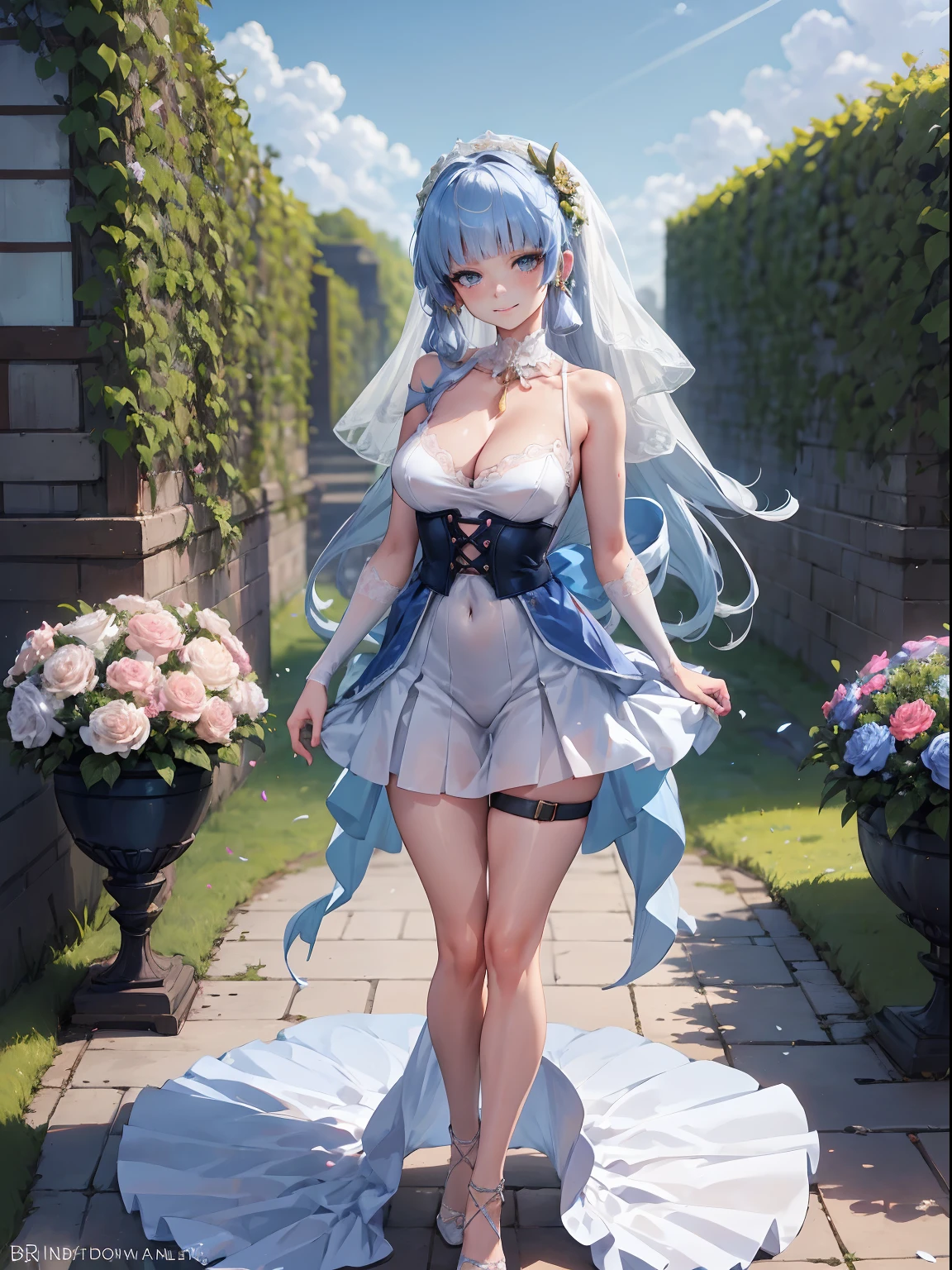 kamisato ayaka| genshin impact, master-piece, bestquality, 1girls,25 years old, proportional body, proportional., Wedding Dresses, White Wedding Dress, Long skirt, wedding, mediuml breasts, ,bara, Standing in the middle of a flower garden, outdoor, Sakura Ton,  wedding, The sky is beautiful, Both hands hold a bouquet of flowers.............................................., View viewers from the front., Thigh strap, Head tilt, bored, 10, 10, HD, slight smile,