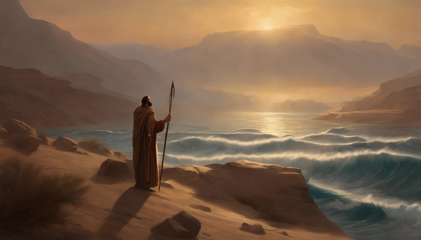There are no ships, The sea splits, And a million people are crossing the rift, Moses crosses the Red Sea, Crossing the sea like a land, With a lot of people, million ,Moses holding a staff ,desert, Old gowns,,History reference,High-quality artwork and details,Realistic portrait style,Subtle color palette,vibrant background,natural textures,Deep Shadows,Subtle highlights,Historical accuracy,meticulous attention to detail,Emotional depth and intensity,Authentic Representation,Thought-provoking,Spiritual atmosphere,A Sense of Ancient Wisdom,Profound impact
