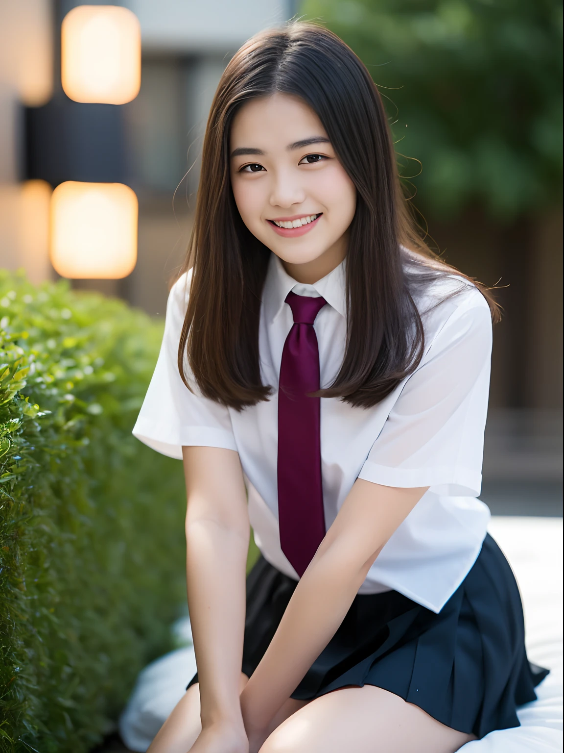 (masutepiece, Best Quality:1.2), 8K, 15yo student, 85 mm, Official art, (Transcendent Big:1.6), absurderes, White dress shirts, Pretty Face, close up, full body Esbian, violaceaess, gardeniass, Beautiful Girl, School uniform, (Navy pleated skirt:1.1), Cinch West, thighs thighs thighs thighs, Short sleeve, On a hotel bed、Looking at Viewer, No makeup, (Smile:0.4), Film grain, chromatic abberation, Sharp Focus, face lights, clear lighting, Teen, Detailed face, Bokeh background, (dark red necktie:1.1)、Throw out your legs and sit down