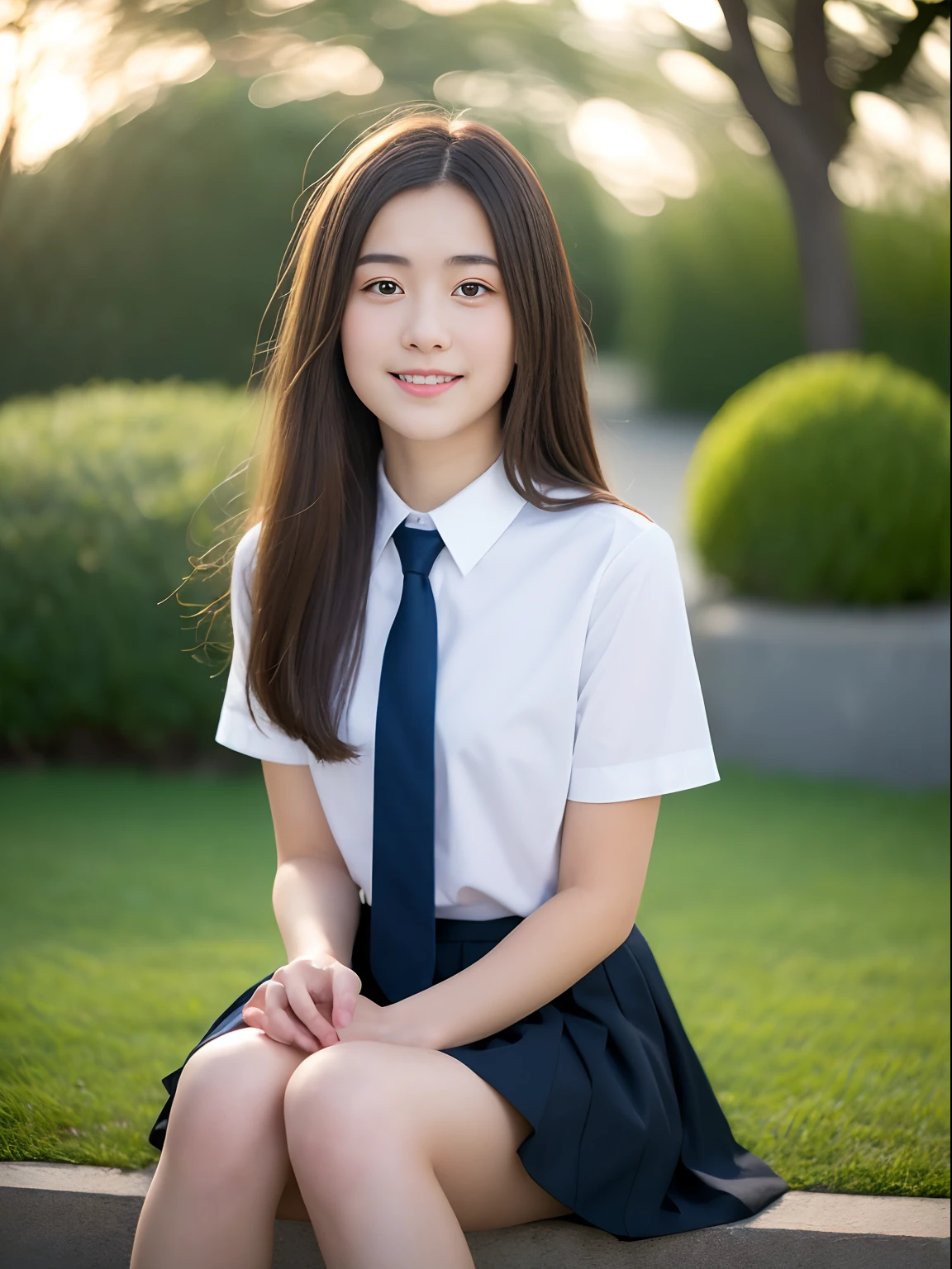 (masutepiece, Best Quality:1.2), 8K, , 85 mm, Official art, (Transcendent Big:1.6), absurderes, White dress shirts, Pretty Face, close up, full body Esbian, violaceaess, gardeniass, Beautiful Girl, School uniform, (Navy pleated skirt:1.1), Cinch West, thighs thighs thighs thighs, Short sleeve, On a hotel bed、Looking at Viewer, No makeup, (Smile:0.4), Film grain, chromatic abberation, Sharp Focus, face lights, clear lighting, Teen, Detailed face, Bokeh background, (dark red necktie:1.1)、Throw out your legs and sit down