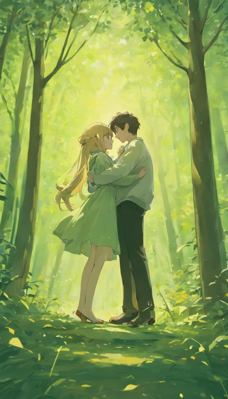 Couple hugging in a square, com olhos bonitos e bem desenhados, with many trees, linhas claras, alta nitidez, alta qualidade, Very detailed, master part, Efeito de luz do filme, 4k )