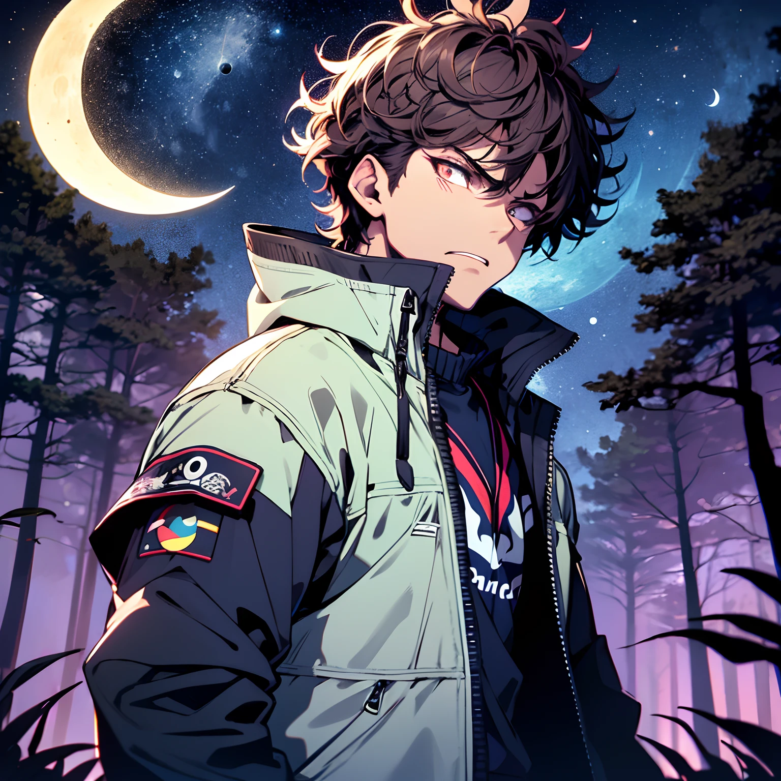 young boy, curly hair, dark brown hair, short hair, messy hair, dark brown eyes, angry expression, black aviator jacket with purple details, night forest background with the moon in the sky, ((navy neon color moon)), ((high quality)),((4k)), ((artwork))