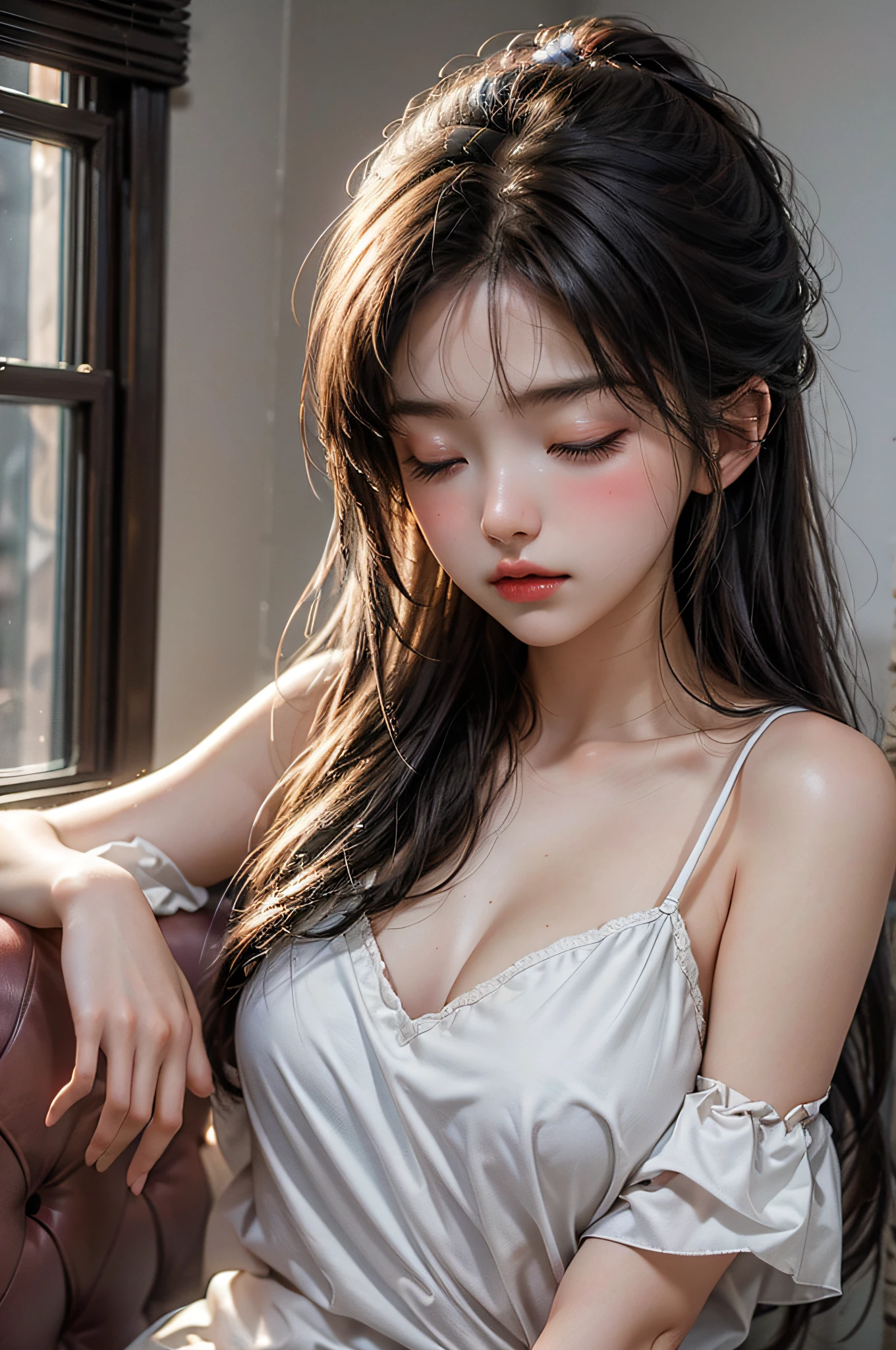 (Beautiful girl lying in bed), ((Lying on her back with her legs apart, looking at the viewer:1.3)), (I am very fond of you.), (Horny beautiful girl:1.3), Small and slender figure, (Slim body line), Large Breasts, (Unprotected chest), Flushed cheeks, (Beautiful gray hair:1.4), (Idol Face:1.3), (Baby Face:1.3), (Perfect Anatomy:1.3), (Detailed eyes, face and hands:1.2), ((highest quality, 8K, masterpiece))