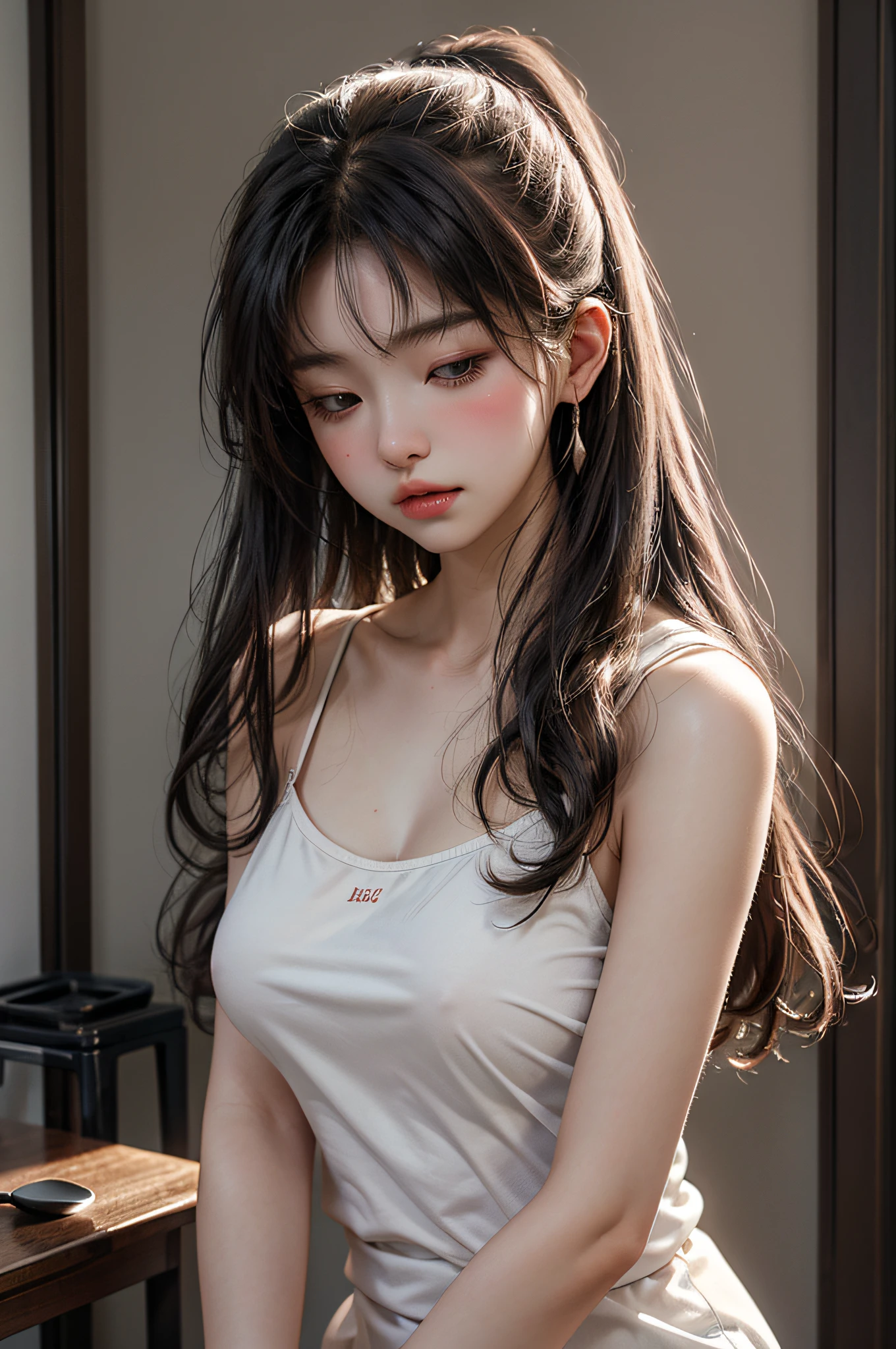 8yk、Raw photo、(masuter piece)、(top-quality)、Hi-Res、(girl with)、(realisitic、Photorealsitic:1.2), Upper body、White camisole、Facing up、with blush cheeks、well-muscled、20yr old、huge tit、Eyes closed、Deep sadness、Sorrow、look up sky、Open mouth、screeming、a room、Background blur