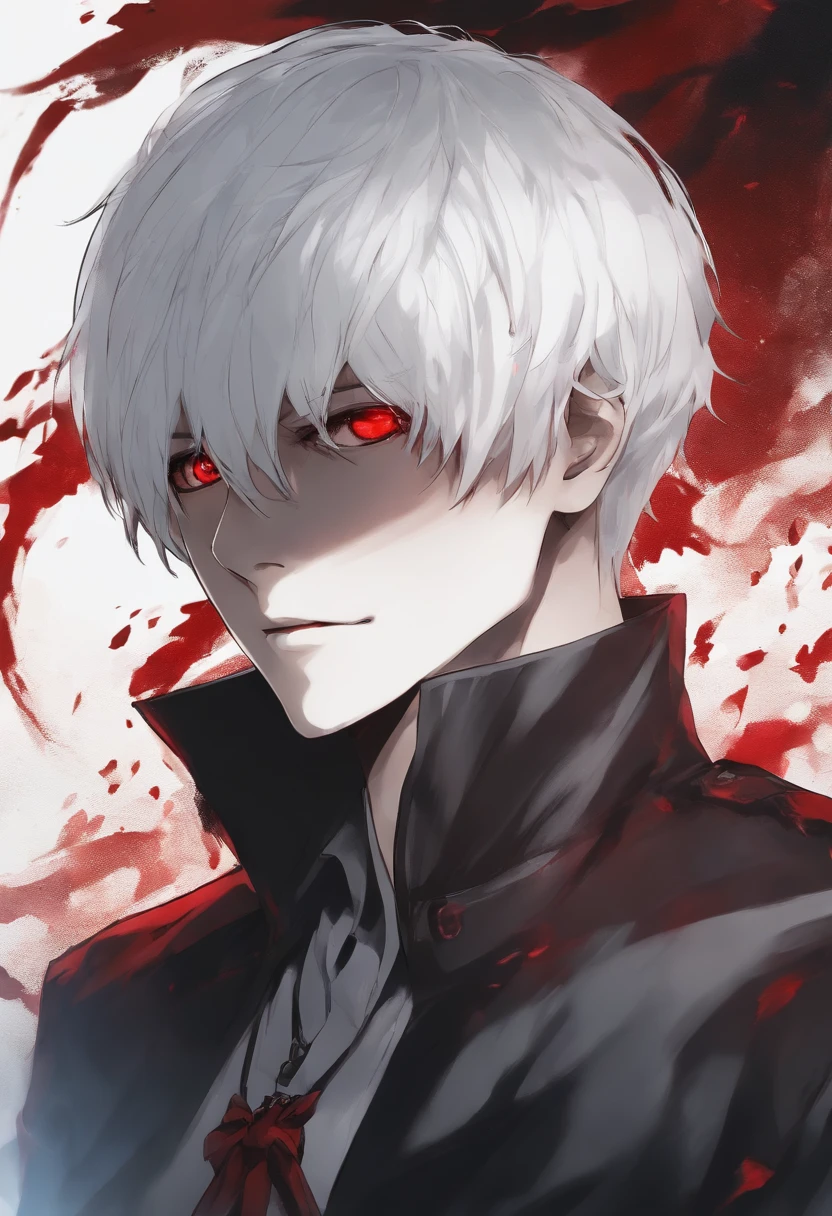 (ken_kaneki), red eyes, 1boy, flamboyant, style of sui ishida, tokyo ghoul, zoomed in on face, focused on face, blue highlights, looking at viewer, watercolor, manga, mangaka, white hair, red and black eye