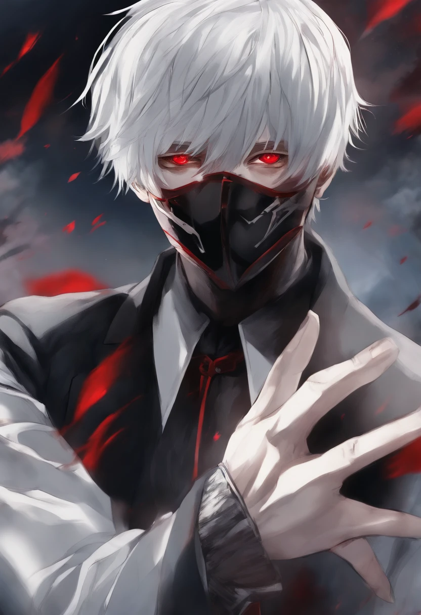 (ken_kaneki), red eyes, 1boy, flamboyant, style of sui ishida, tokyo ghoul, zoomed in on face, focused on face, blue highlights, looking at viewer, watercolor, manga, mangaka, white hair, red and black eye