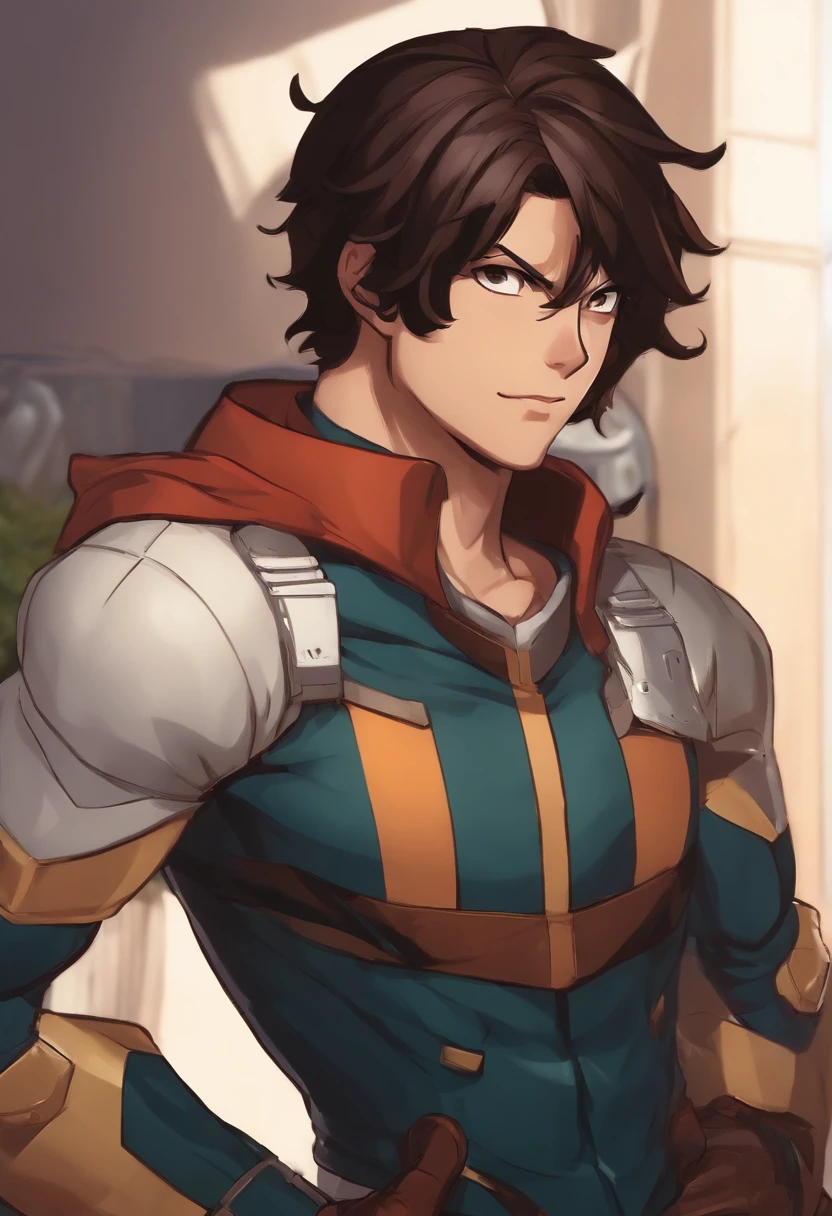 My hero academia character with straight dark brown hair, brown eyes, light brown skin, Hispanic, hourglass body