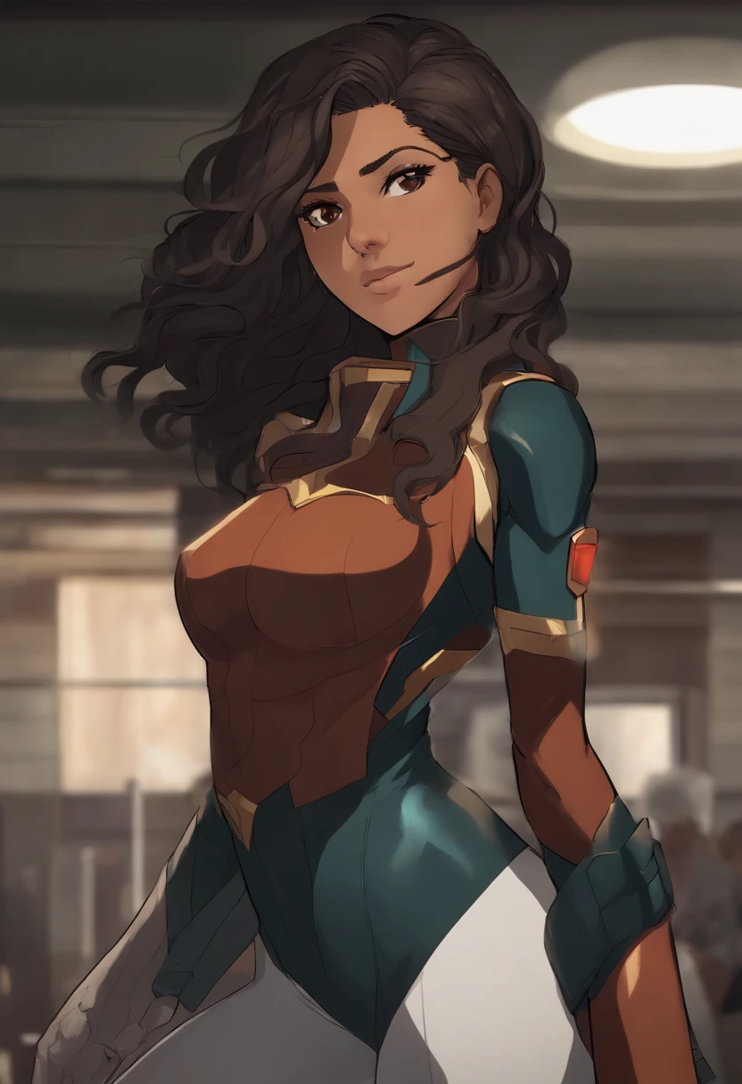 My hero academia character with straight dark brown hair, brown eyes, light brown skin, Hispanic, hourglass body