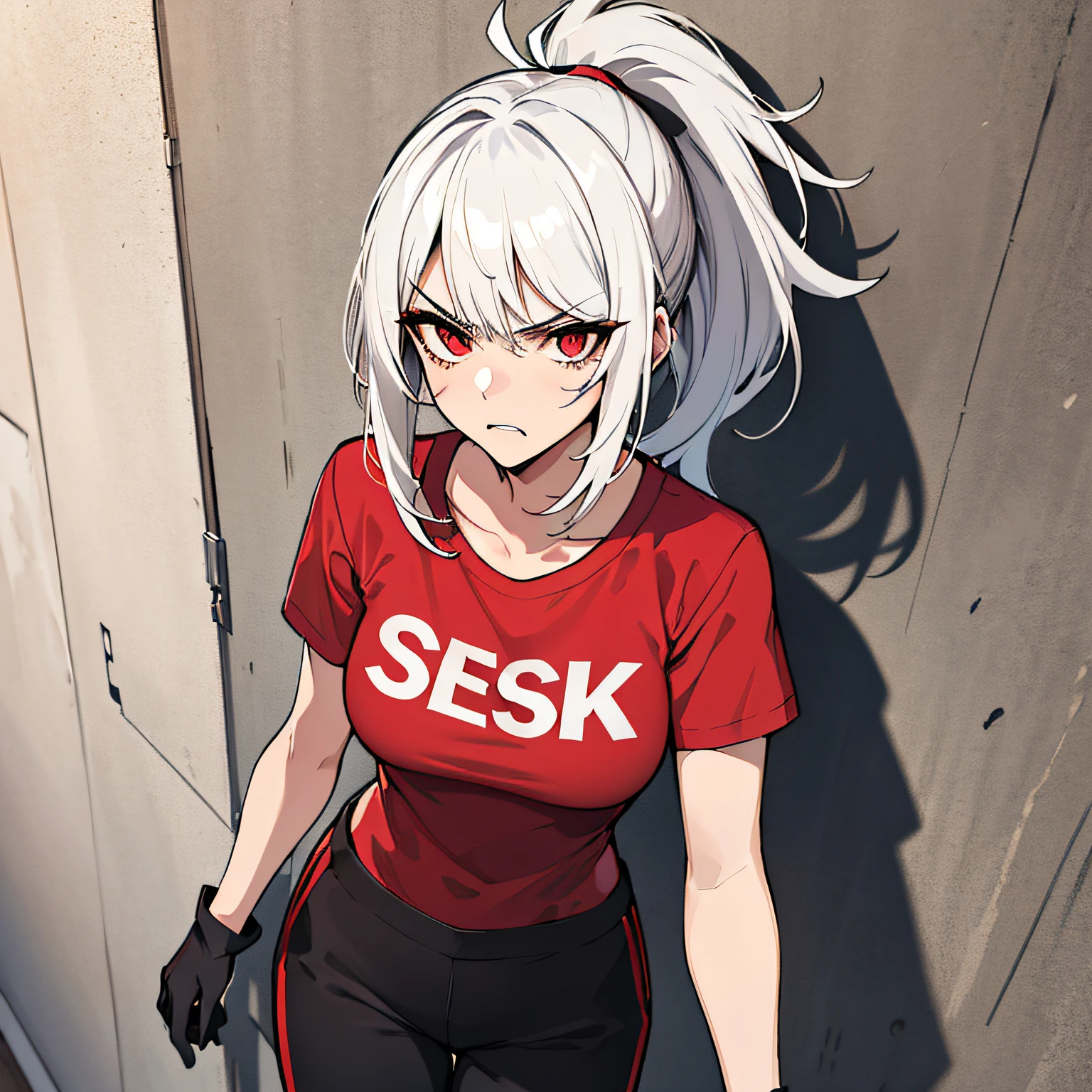 (absurdres, 8k, 4k, masterpiece, hyper extreme detailed:1.2), solo, 1girl, portrait, best quality, expressive eyes, perfect face, 1girl, portrait, solo, Female, mature female, adult, messy hair, white hair, medium bust, swept bangs, side bangs, messy hair, medium hair, perfect anatomy, soldier, angry, annoyed, red eyes, looking forward, forward view, perfect eyes, scars, gloves, red graphic t-shirt, half body, perfect anatomy, athletic shoes, bedroom background, leaning against wall, ponytail, adult, mature woman, standing, leaning back, perfect face, cowboyshot,