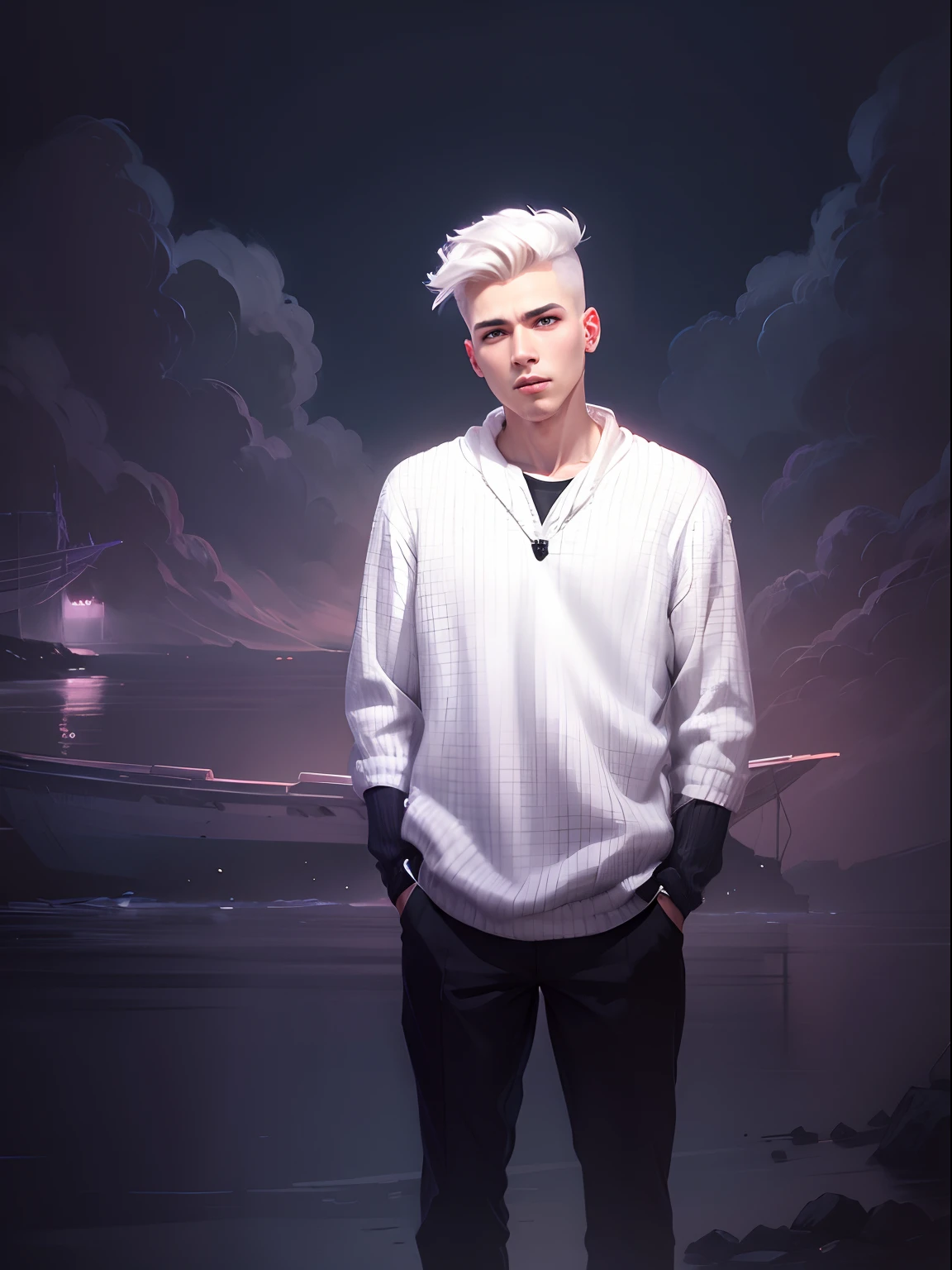 Copy
A man with an amazed expression, wearing a sweatshirt with his short platinum hair, all white backdrop, anime art style, focusing on your face