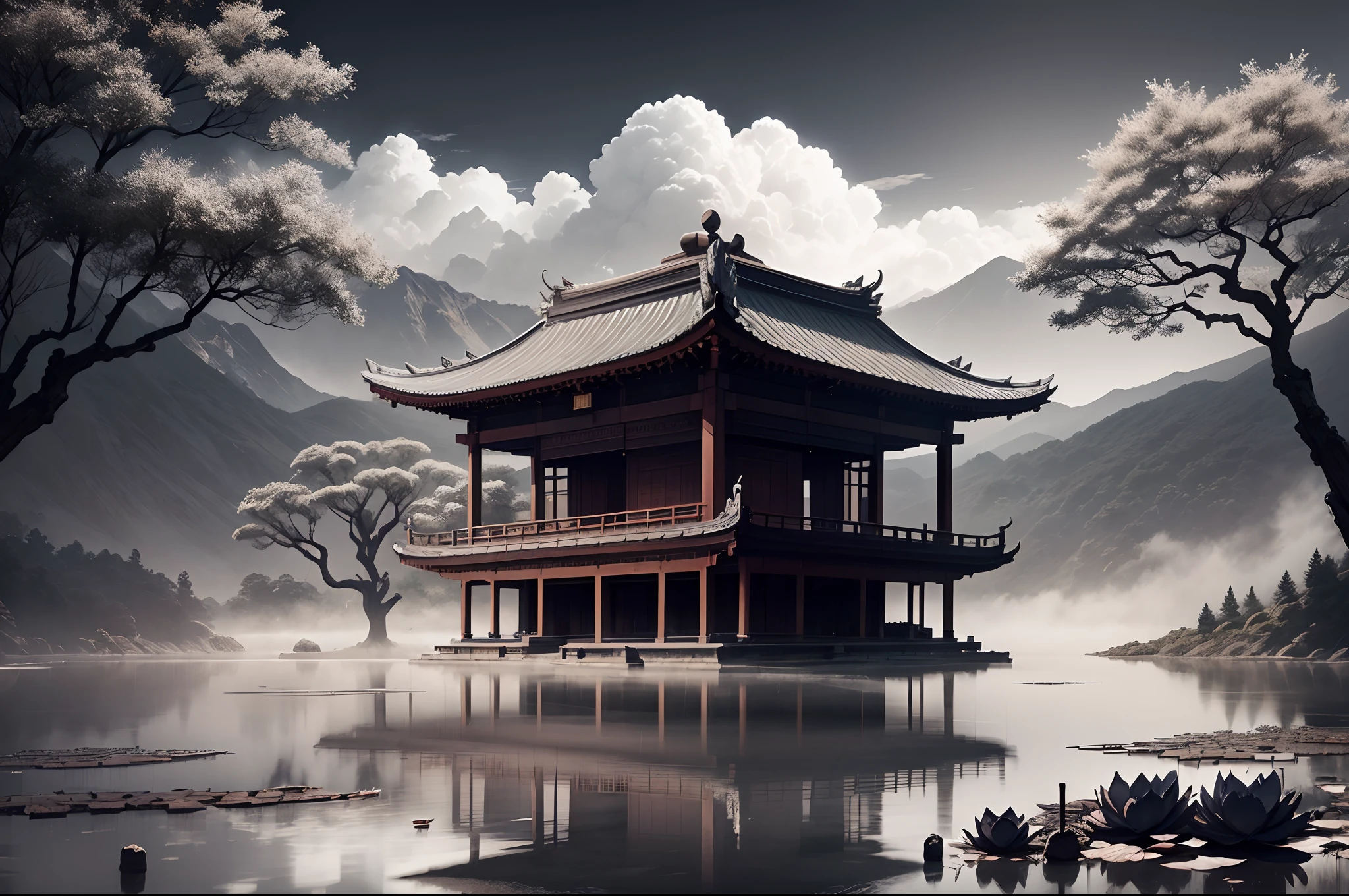 scenery,hell, Hellbringers,Chinese martial arts style,Asian night view with lanterns and water lilies,Asian ponds,There are many lanterns and boats,Night view can be enjoyed,There are many lights and boats in the water, Lake surface, lotuses,beautiful night scene,(((Chinese martial arts style))), with vast sky, Continuous mountains and steep cliffs, ink wash style, outline light, Atmospheric atmosphere, Depth of field, mist rising, Bamboo, pines, Octagonal stone pavilion, waterfall flowing water,large full moon,(No color) , monochrome, Light color,dispersion, Rainbow,