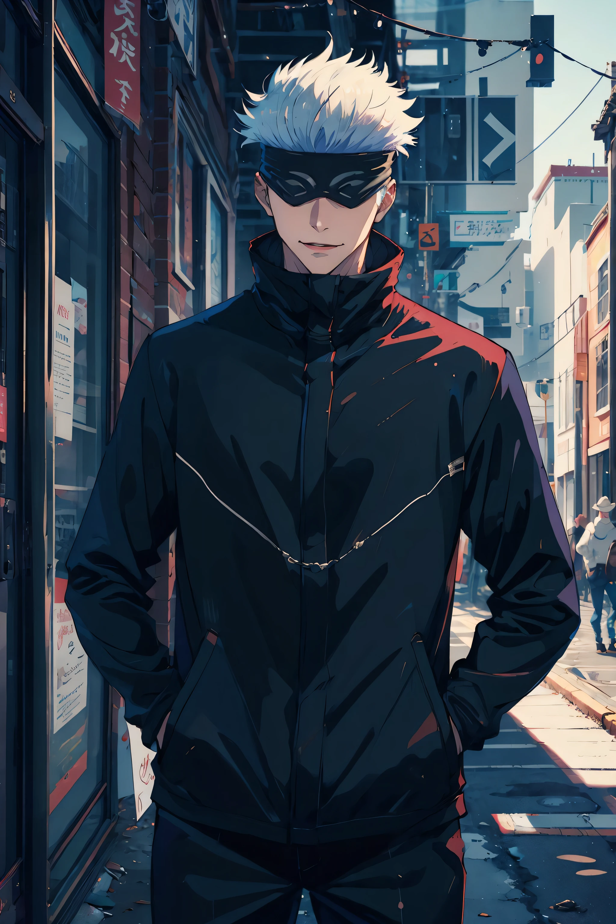 (masterpiece, best quality:1.2), cowboy shot, solo, male focus, 1boy, gojo satoru, smile, hands in pockets, blindfold, black jacket