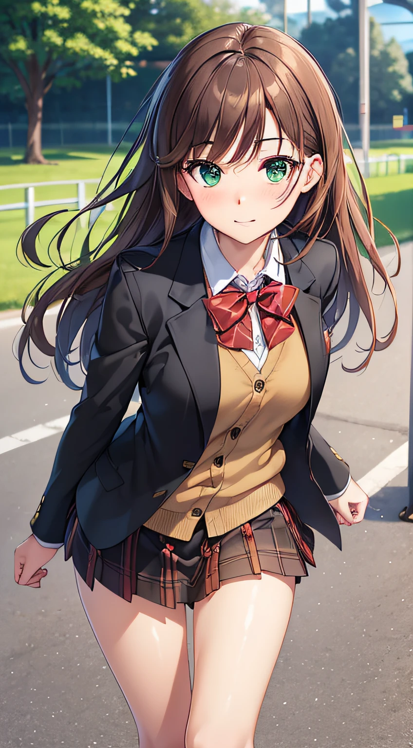 ((Masterpiece, Best quality, A high resolution, hyper HD, Perfect pixels, Depth of field, 4K, RTX, hdr))), 1girll, Single, Solo, Beautiful anime girl, Beautiful Art Style, anime figure, ((Long hair, bangs, Brown hair, Curly hair:0.8)), ((Green eyes:1.4, Rounded eyes, Beautiful eyelashes, Realistic eyes)), ((Detailed face, Blushing:1.2)), ((Smooth texture:0.75, Realistic texture:0.65, Photorealistic:1.1, Anime CG style)), Medium breasts, Dynamic Angle, Perfect body, ((Portrait, angle of view)), ((red bowtie, school uniform, Black jacket, Open jacket, Brown cardigan, White shirt, Black skirt, plaid skirts)), Smile, An amusement park