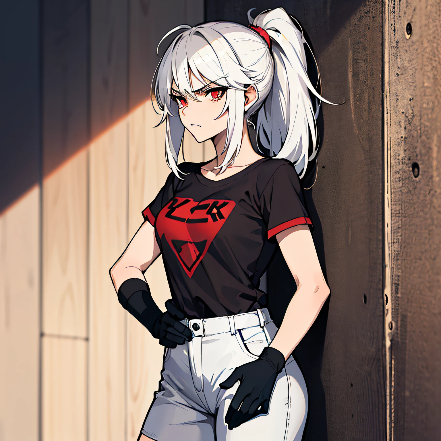 (absurdres, 8k, 4k, masterpiece, hyper extreme detailed:1.2), solo, 1girl, portrait, best quality, expressive eyes, perfect face, 1girl, portrait, solo, Female, mature female, adult, messy hair, white hair, medium bust, swept bangs, side bangs, messy hair, medium hair, perfect anatomy, soldier, angry, annoyed, red eyes, looking forward, forward view, perfect eyes, scars, gloves, red graphic t-shirt, half body, perfect anatomy, athletic shoes, bedroom background, leaning against wall, ponytail, adult, mature woman, standing, leaning back, perfect face, cowboyshot,