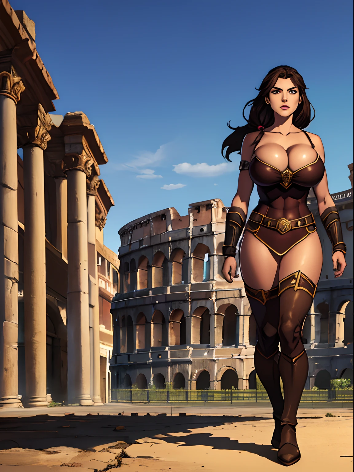 masterpiece, top quality, best quality, official art, beautiful and aesthetic:1.2), (1girl:1.3), dark brown hair in a huge ponytail, extremely detailed, portrait, looking at viewer, solo, (full body:0.6), detailed background, close up, (hot summer coliseum theme:1.1), busty human gladiatrix, charlatan, mysterious, walking in forest, extremely revealing bronze gladiator attire, naked, bare midriff, spear and shield, metal bikini, topless, brown leather straps, bracers, loincloth, gauntlets, helmet, facemask, long boots, buckles, straps, light grey fabric, brown leather, ((((gigantic breasts, cleavage, skindentation)))), muscular, strong, slim waist, slim hips, long legs, Ancient Rome (Roman coliseum arena exterior:1.1) background, dark mysterious lighting, shadows, magical atmosphere, dutch angle,