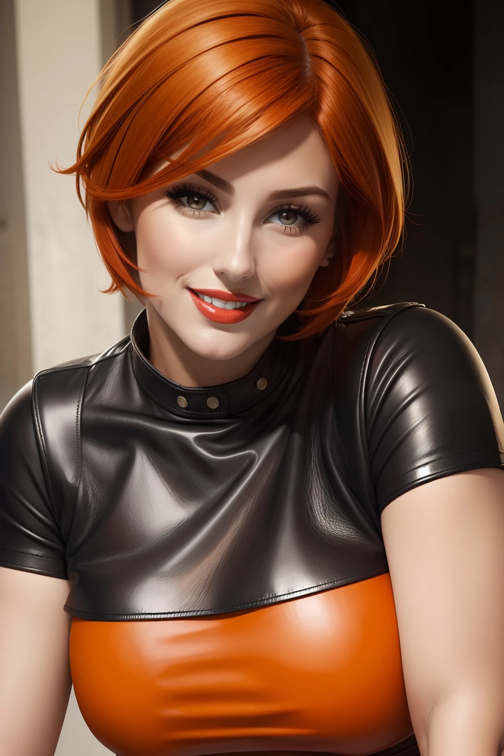 (((Masterpiece))) redhead woman with short hair in (((dressed in 1950's or 1960's pulp sci fi costume, Spy look, Black and White latex, White latex))) , a photo by Allan Linder, flickr, pop art, hair, 60s style, 60s style, brigitte bardot, 1960s style, retro 60s fashion, poppy, cut, medium yellow blond hair, pixie, redhead hair, sexy pose, small breast, beautiful sexy look, sweet lips, red lips, Double flick lined eyes, rock and roller makeup, lustful look, sexy eyes, red flat background, depth of field