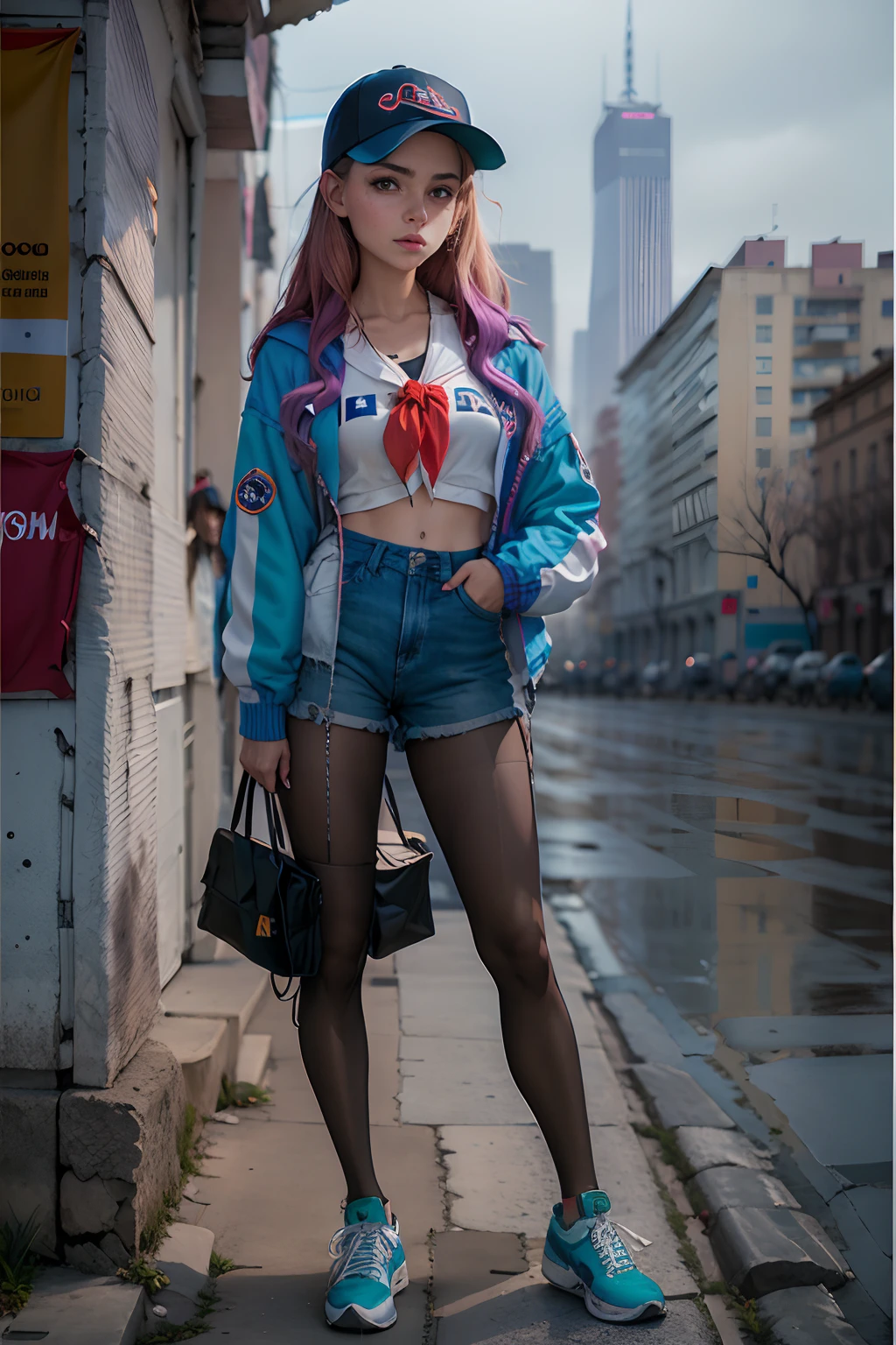 (Obra maestra, La mejor calidad)1.2, extremadamente detallado, 4k, girlish, solamente, Cara hermosa, En pie, cuerpo completo, Mirando al espectador, cabello rubio, ojos azules, baseball cap, Joven pionero, Red tie of young pioneers, Blusa escolar blanca, (Chaqueta rave de los 90), purple jacket, Falda escolar azul, black pantyhose, black sneakers brillantes, Calcetines blancos, Calcetines hasta la rodilla, Manos en los bolsillos, Noche, verano, URSS, Soviet city, Gloomy city, Edificios de paneles, 90s, Moda de los 90