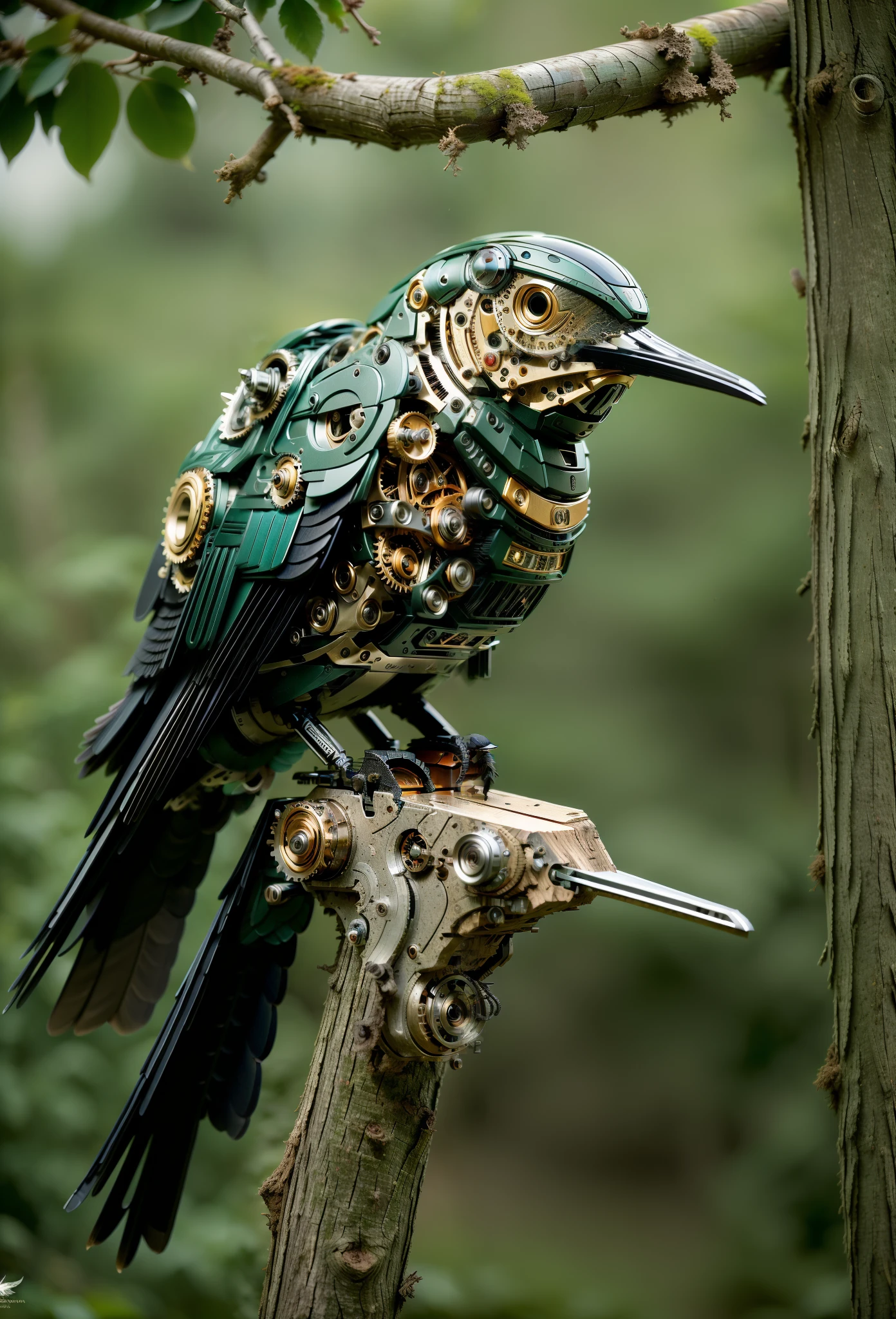 ((Masterpiece)), ((Best quality)), 8K, high detal, Ultra-detailed, 1 black mechanical bird，gear wheel，The background is woods，standing on a tree branch，Mechanical bird claws:1.5，Bird's Eye is a red camera