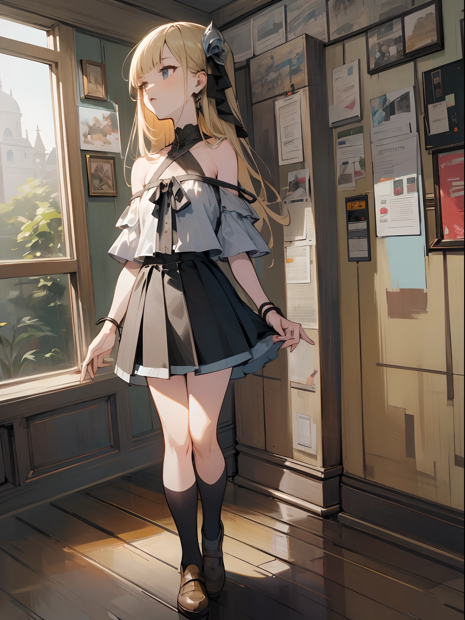 Reines, 1girl, high quality, best quality, illustration, masterpiece, (highly detailed:1.2), (extremely detailed:1.3), bare shoulders, young girl, string ribbon, short skirt, full body, braid, petite, ****, in a house