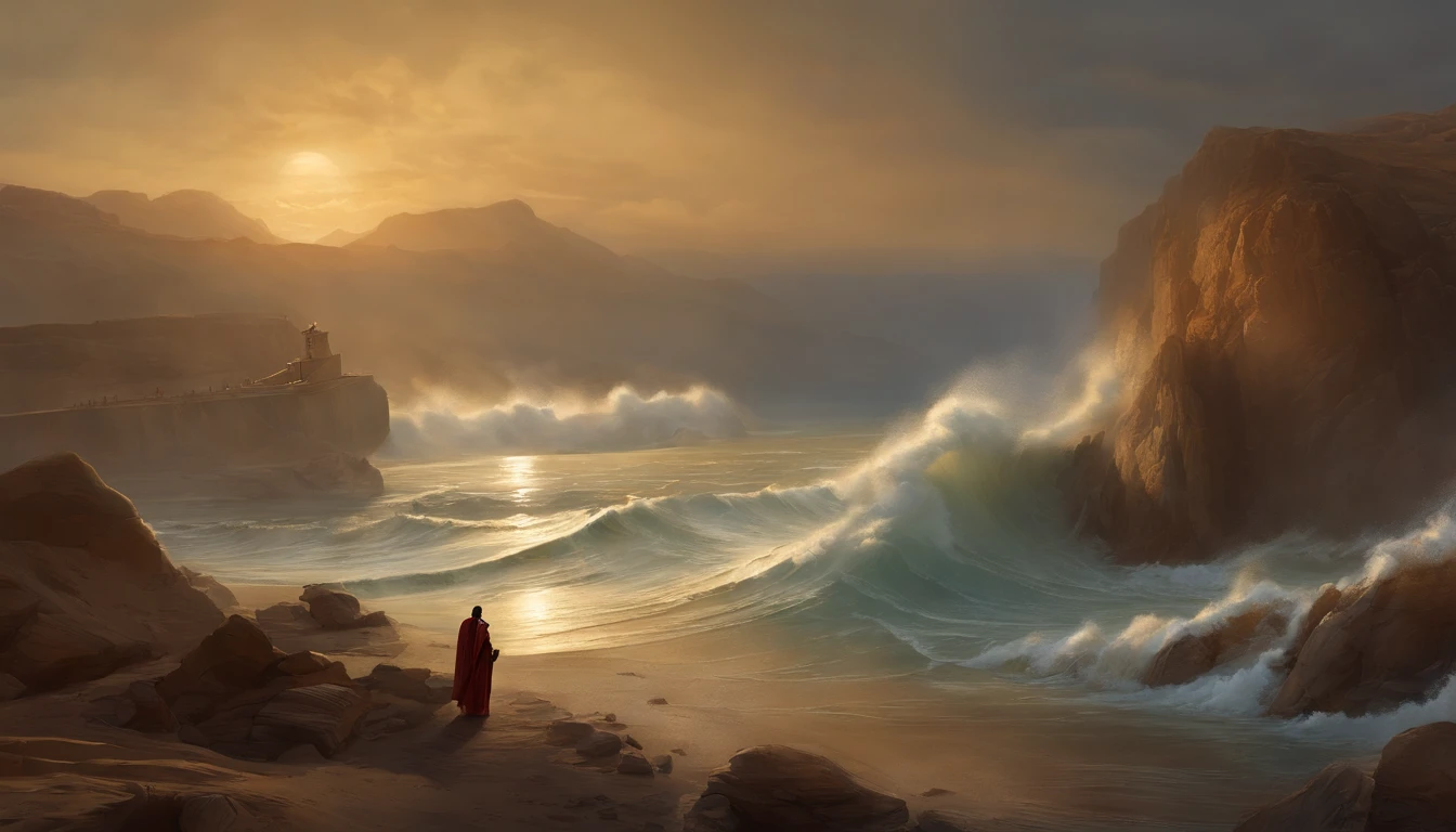 There is no ship, The sea splits, And a million people are crossing the rift, Moses crosses the Red Sea, Crossing the sea like a land, With a lot of people, million ,Moses holding a staff ,desert, Old gowns,,History reference,High-quality artwork and details,Realistic portrait style,Subtle color palette,vibrant background,natural textures,Deep Shadows,Subtle highlights,Historical accuracy,meticulous attention to detail,Emotional depth and intensity,Authentic Representation,Thought-provoking,Spiritual atmosphere,A Sense of Ancient Wisdom,Profound impact