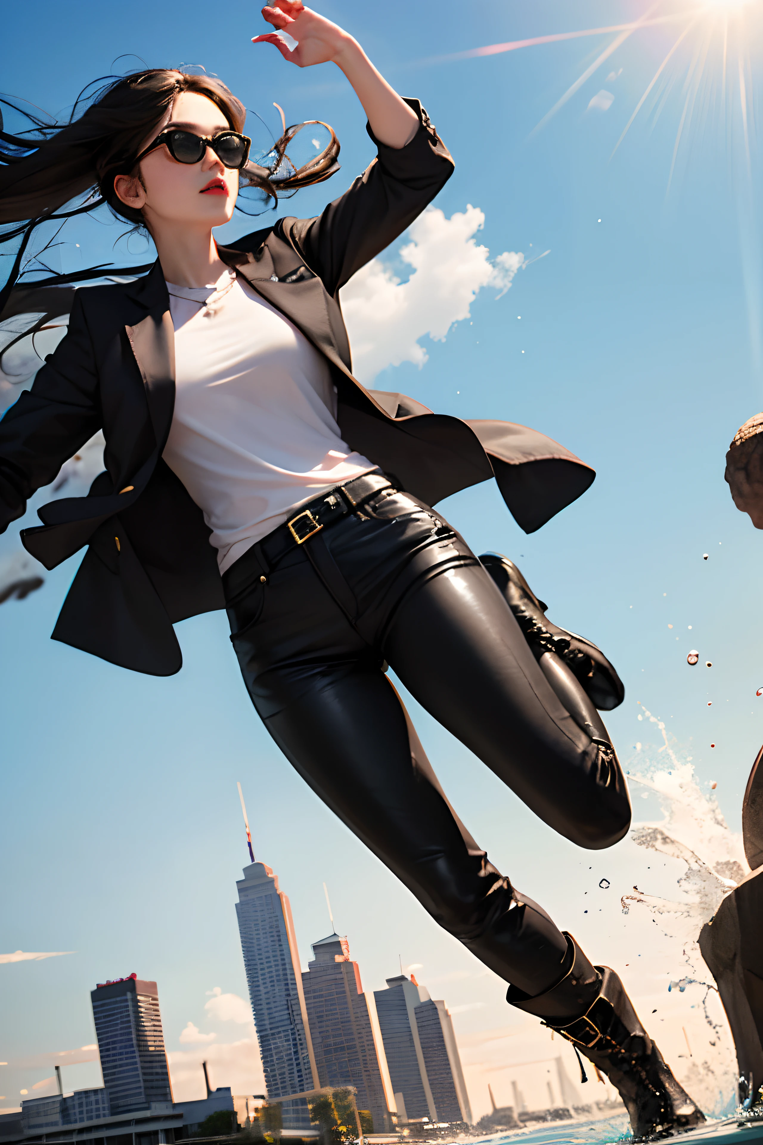 1girl, long curly black hair, brown eyes, wearing black long coat, black under shirt, black leather long pants, black boots, high res, ultrasharp, 8K, masterpiece, looking at viewer, full body photo, magnificent scene, epic scenes, college student, college campus, sunny sky, black sunglasses, jumping action, running action, fighting action, motorcycle, water fountain, casting fire, amber, smoke, magic