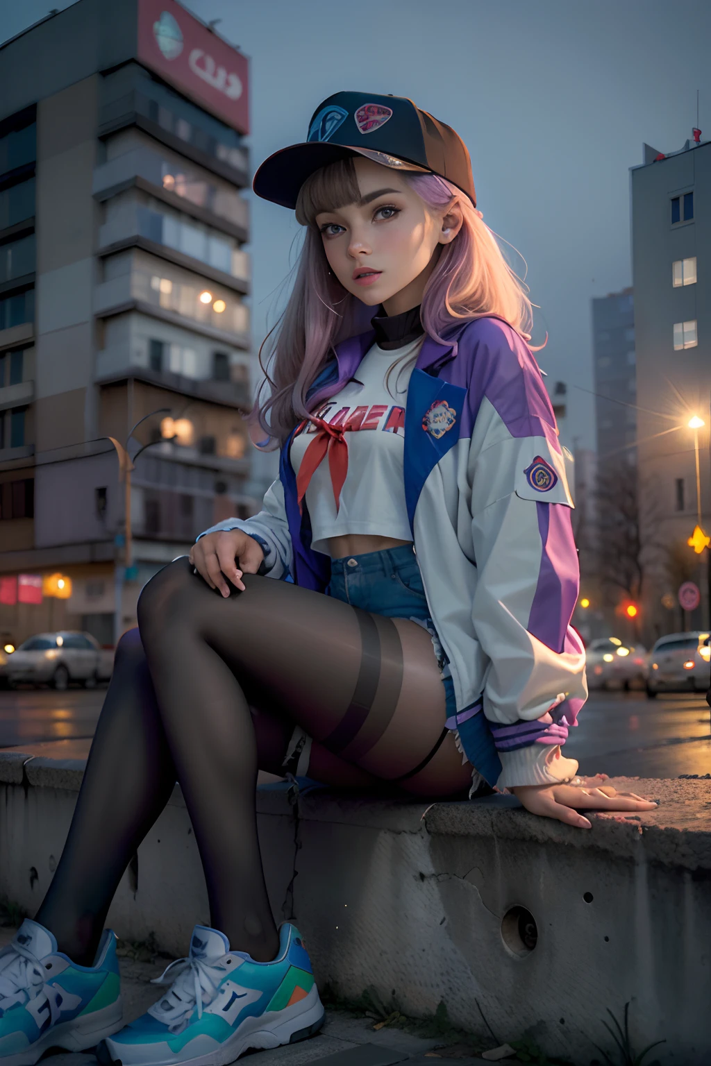 (Obra maestra, La mejor calidad)1.2, extremadamente detallado, 4k, girlish, solamente, Cara hermosa, En pie, cuerpo completo, Mirando al espectador, cabello rubio, ojos azules, baseball cap, Joven pionero, Red tie of young pioneers, Blusa escolar blanca, (Chaqueta rave de los 90), purple jacket, Falda escolar azul, black pantyhose, black sneakers brillantes, Calcetines blancos, Calcetines hasta la rodilla, Manos en los bolsillos, Noche, verano, URSS, Soviet city, Gloomy city, Edificios de paneles, 90s, Moda de los 90