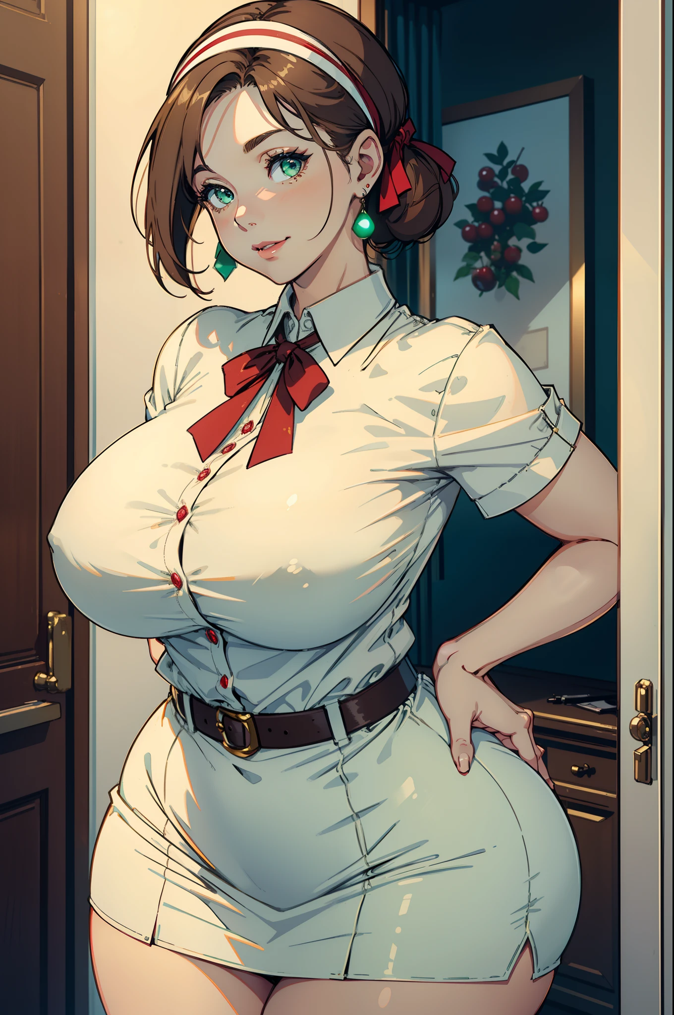 Best quality, solo mature woman, giant breasts, giant ass, very curvy, Short light brown hair, very light green eyes, full lips, seductive, shy smile, white blouse with puffy short sleeves, pale red pencil skirt, headband, cherry earrings, ribbon bow, thick thighs, curvy physique