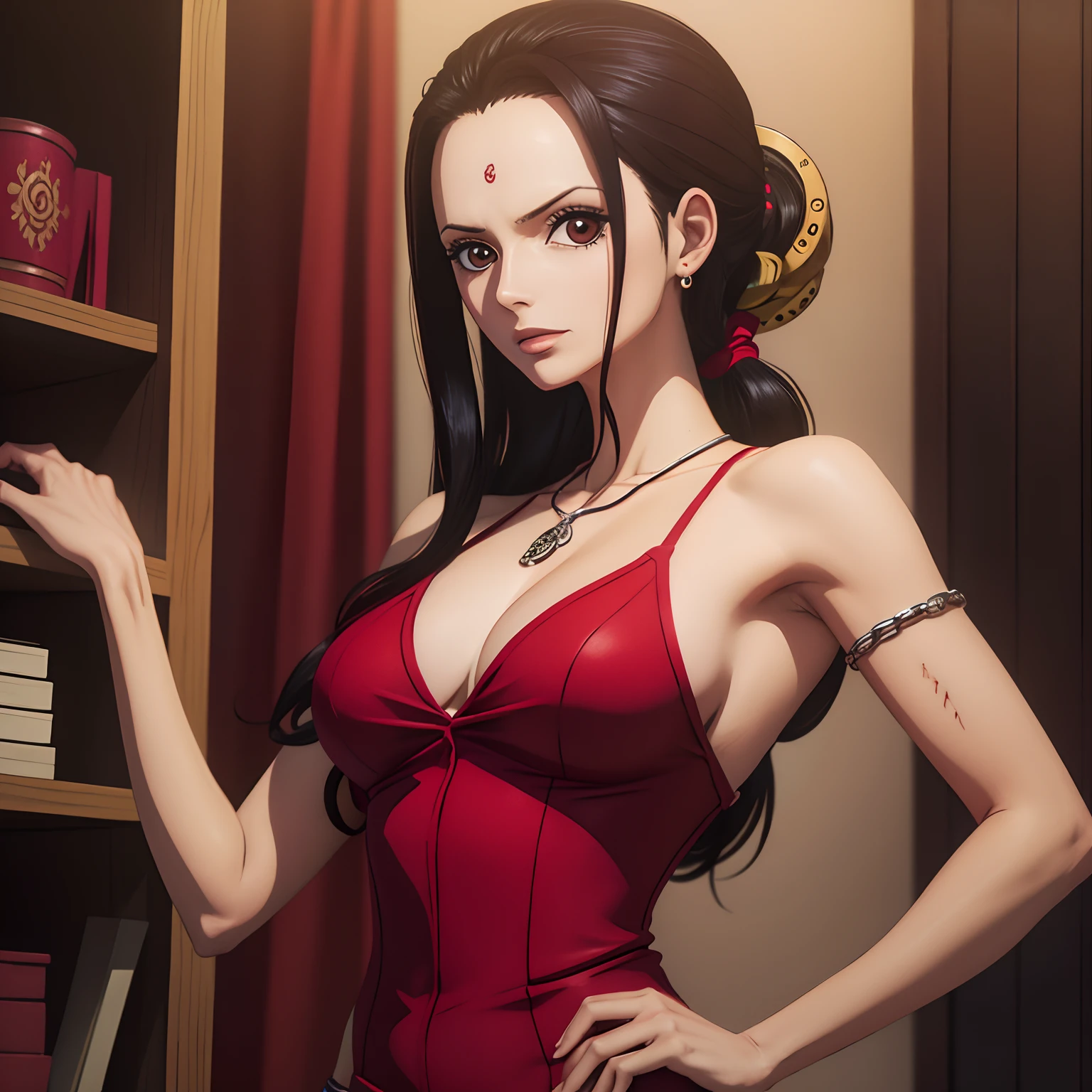 Arte do local, arte chave, melhor qualidade, obra prima, u detalhada, from one piece, Estilo One Piece, Arte do local, arte chave, melhor qualidade, em uma vila, com roupas compridas pretas, uma mulher de cabelos pretos compridos, tocando violino, sangue no corpo, nico robin, sangue pelo corpo