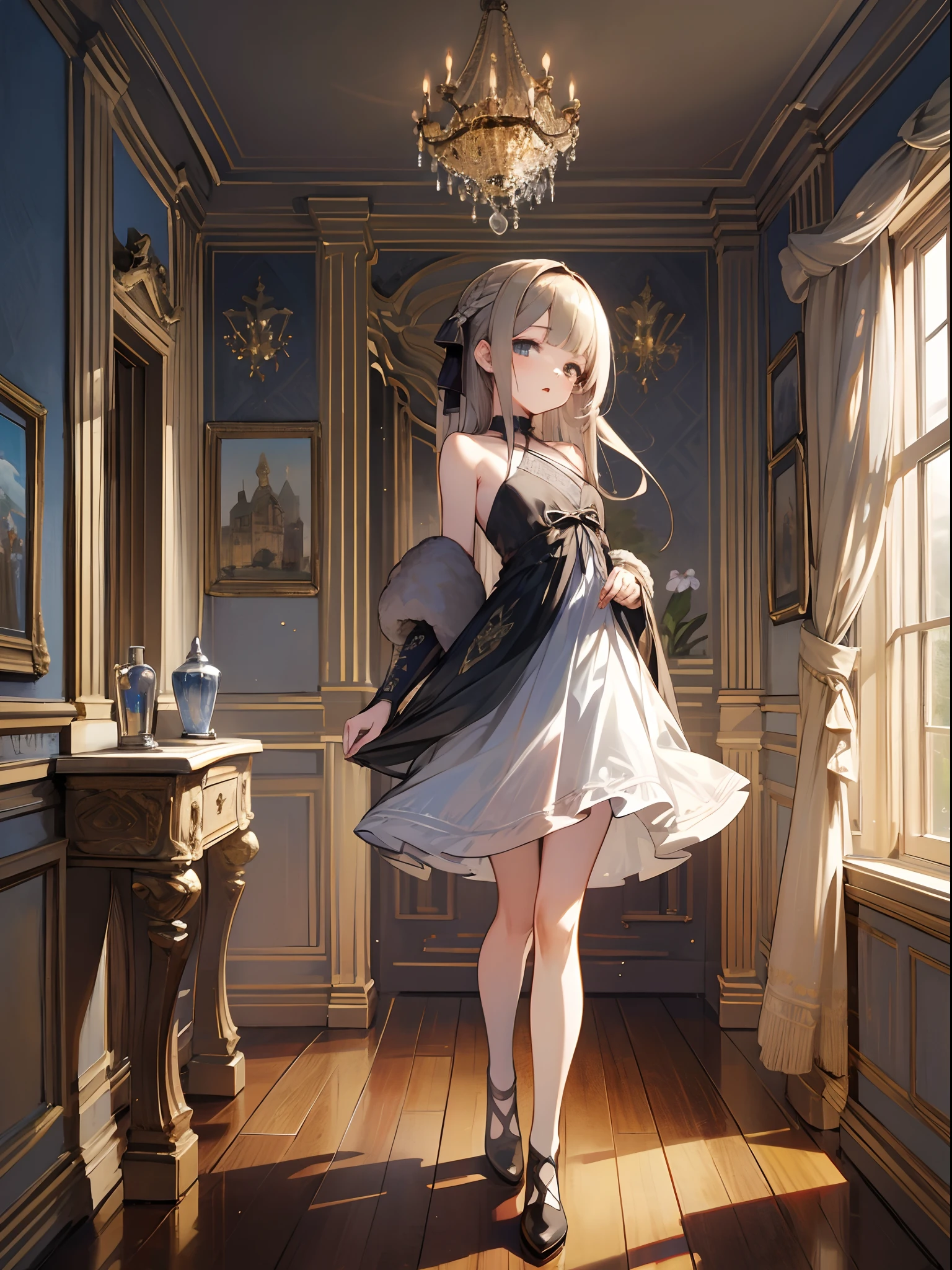 Reines, 1girl, high quality, best quality, illustration, masterpiece, (highly detailed:1.2), (extremely detailed:1.3), bare shoulders, young girl, string ribbon, short skirt, full body, braid, petite, ****, in a house