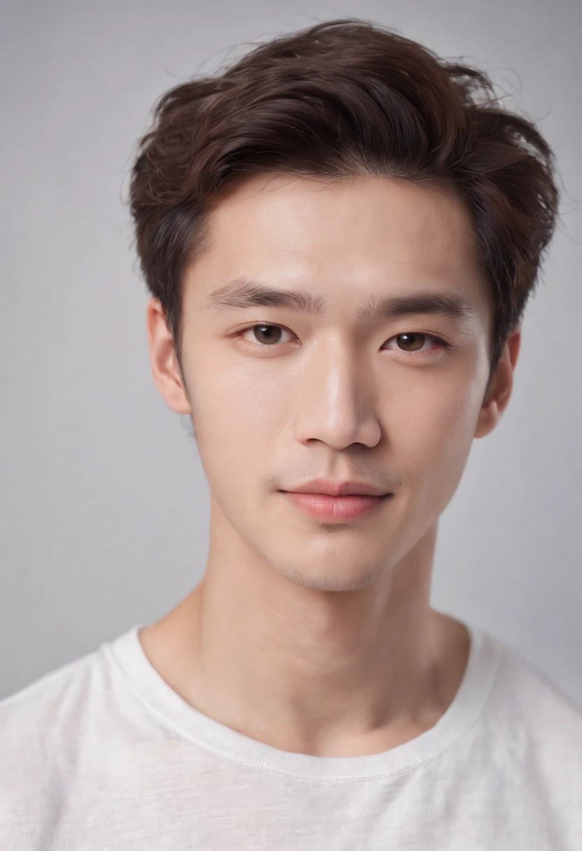 (Photo: 1.3) af (realistic: 1.3), East Asian man,curly_hair ,soft light, clear face, front, ((white T-shirt)), cheerful, warm light, ((gray-white gradient background)),(background)) ,avatar,(,handsome,young,((avatar))