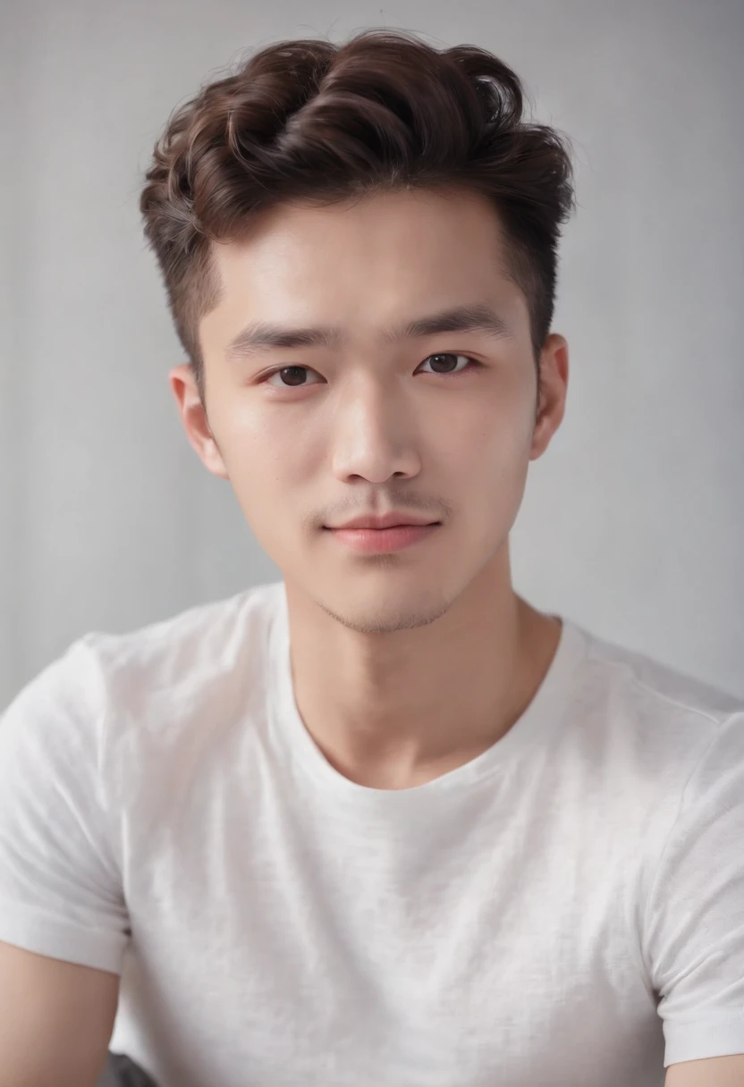 (Photo: 1.3) af (realistic: 1.3), East Asian man,curly_hair ,soft light, clear face, front, ((white T-shirt)), cheerful, warm light, ((gray-white gradient background)),(background)) ,avatar,(,handsome,young,((avatar))