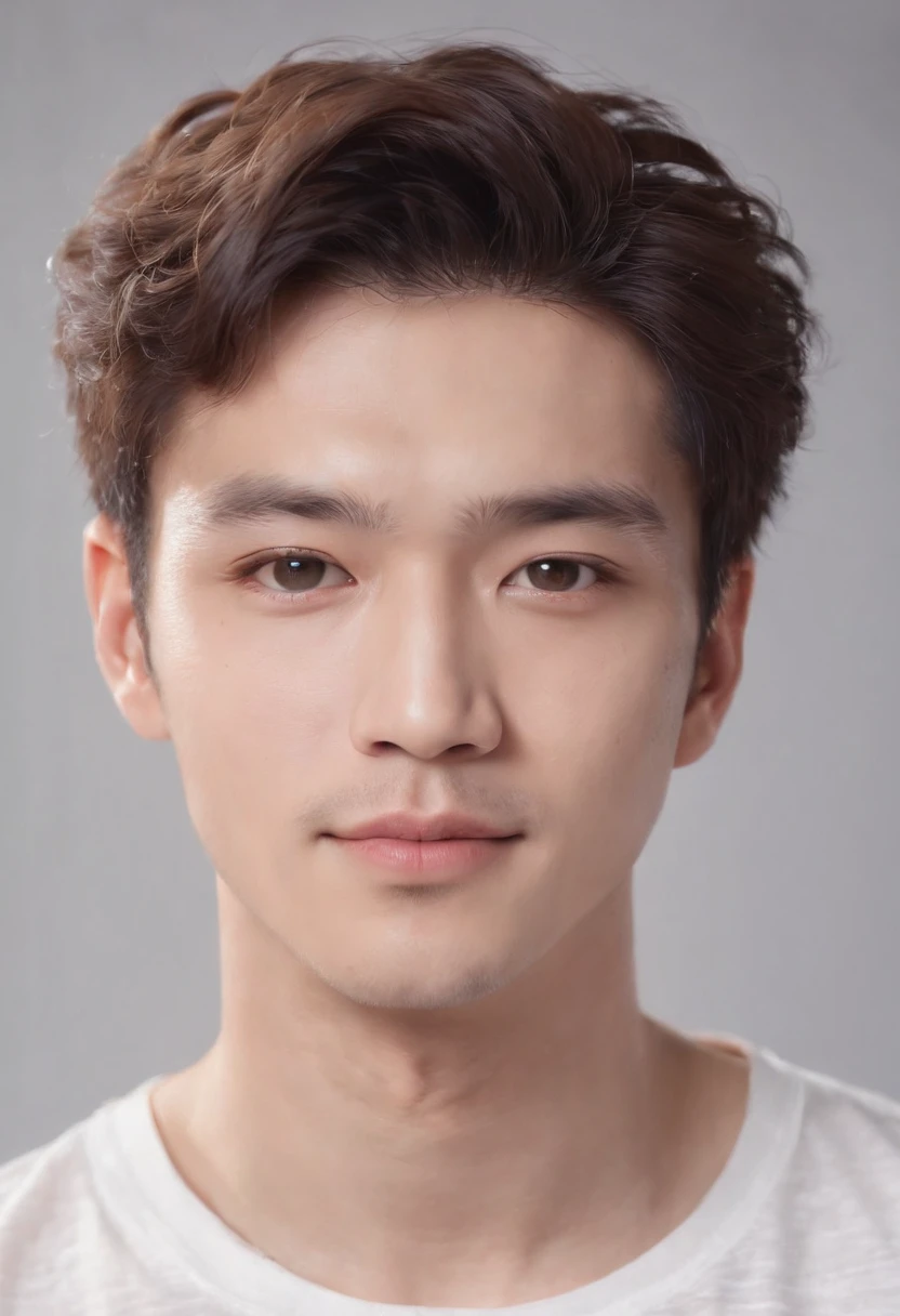 (Photo: 1.3) af (realistic: 1.3), East Asian man,curly_hair ,soft light, clear face, front, ((white T-shirt)), cheerful, warm light, ((gray-white gradient background)),(background)) ,avatar,(,handsome,young,((avatar))