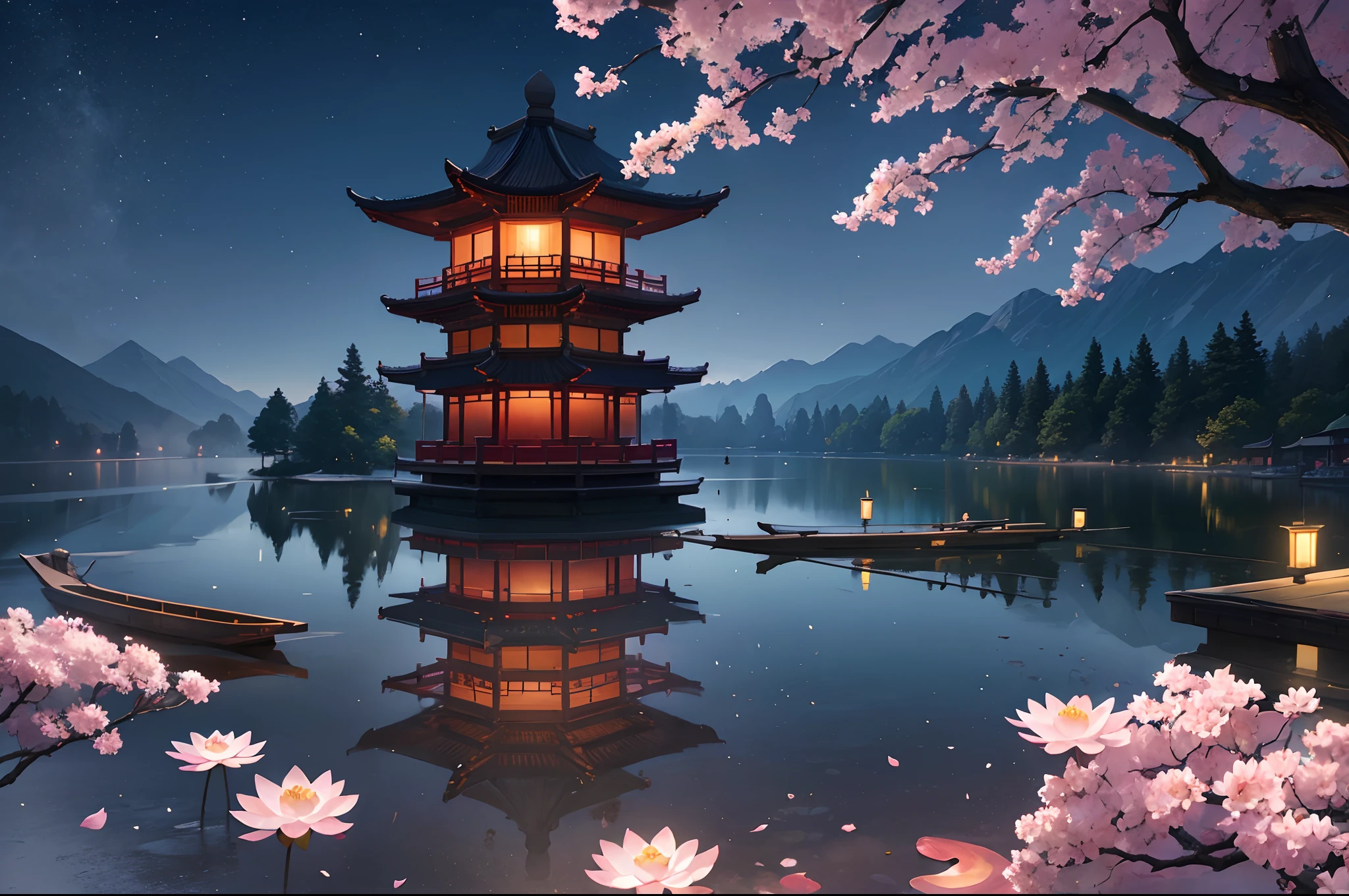 Chinese martial arts style, large area sky, ink style, outline light, atmospheric atmosphere, depth of field, mist rising, lake water, lotus flowers and leaves, small boats, pine trees, octagonal stone pavilions, arch bridges, night view, full color