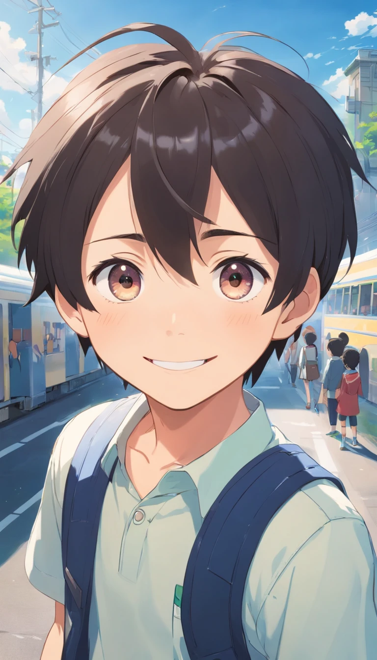 primary school5Grade Boy, Fun eyes, a smile, 发光,,Detailed face, Black hair