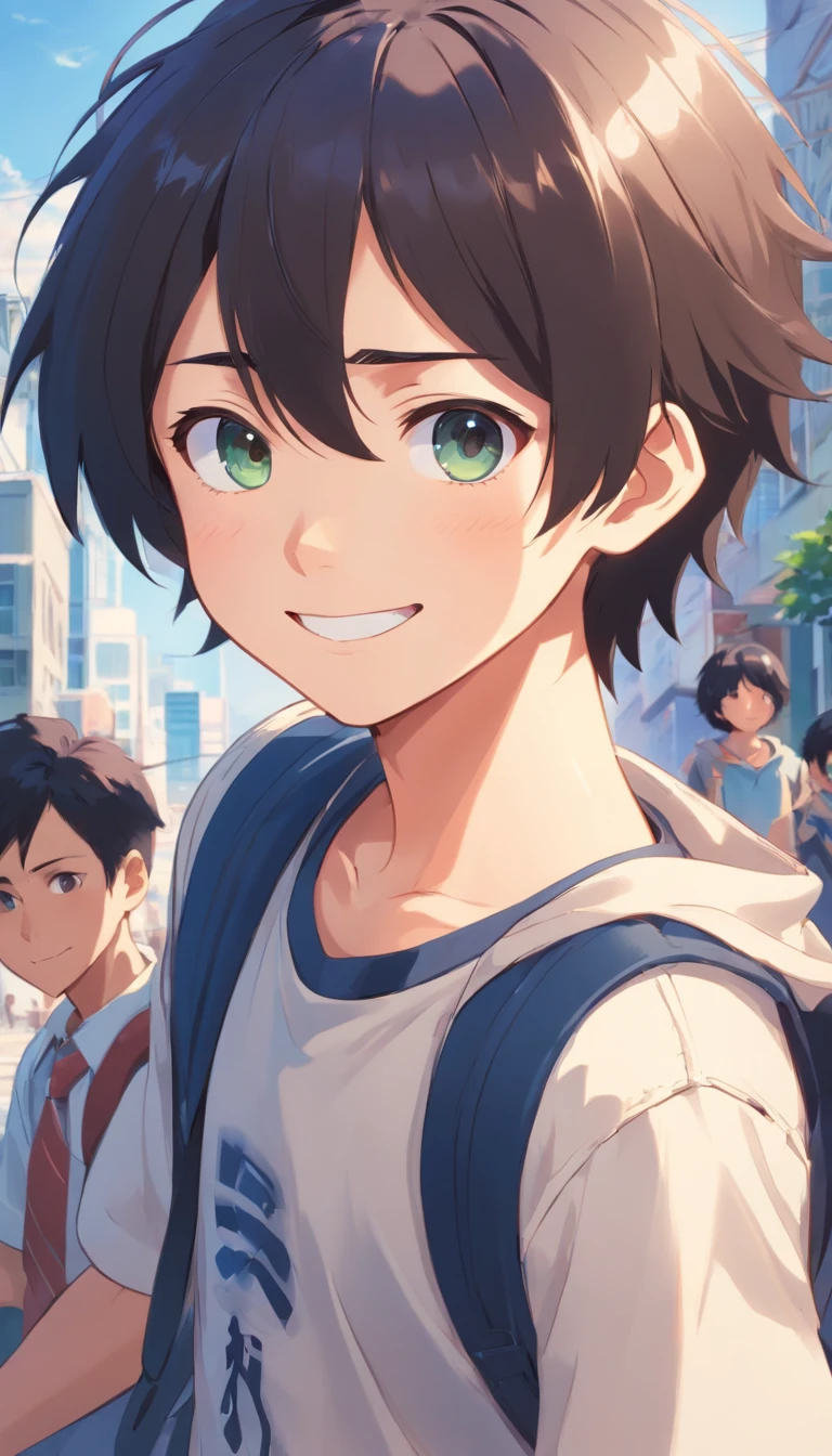 primary school5Grade Boy, Fun eyes, a smile, 发光,,Detailed face, Black hair