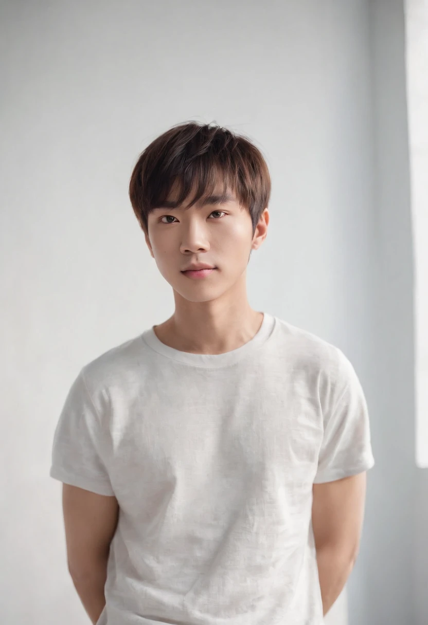 (Photo: 1.3) af (realistic: 1.3), East Asian man,bowl cut,soft light, clear face, front, ((white T-shirt)), cheerful, warm light, ((gray-white gradient background)),(background)) ,avatar,(,handsome,young,((avatar))