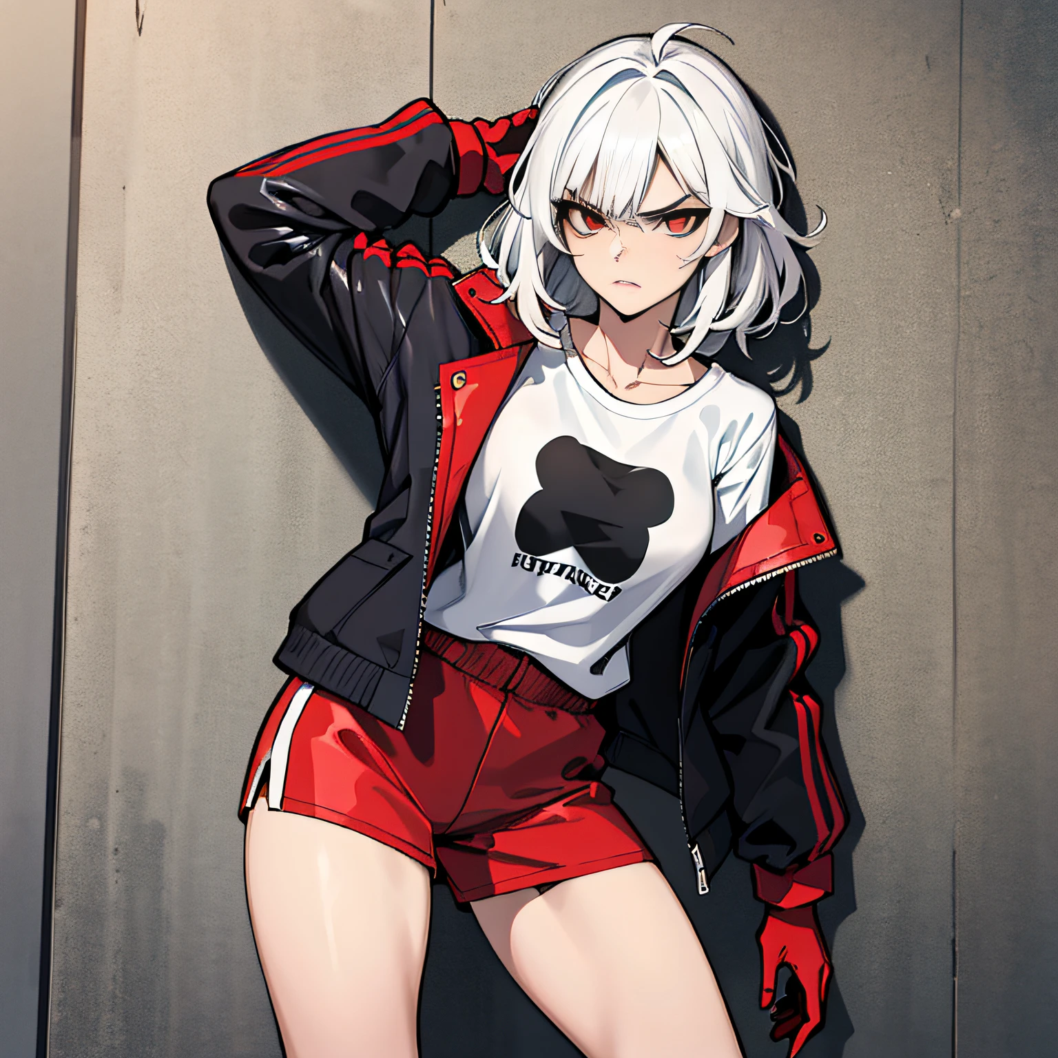 (absurdres, 8k, 4k, masterpiece, hyper extreme detailed:1.2), solo, 1girl, portrait, best quality, expressive eyes, perfect face, 1girl, portrait, solo, Female, mature female, adult, messy hair, white hair, medium bust, swept bangs, side bangs, messy hair, medium hair, perfect anatomy, soldier, angry, annoyed, red eyes, looking forward, forward view, perfect eyes, scars, gloves, white graphic t-shirt, half body, perfect anatomy, athletic shoes, bedroom background, leaning against wall, adult, mature woman, standing, leaning back, perfect face, cowboyshot, red jacket,