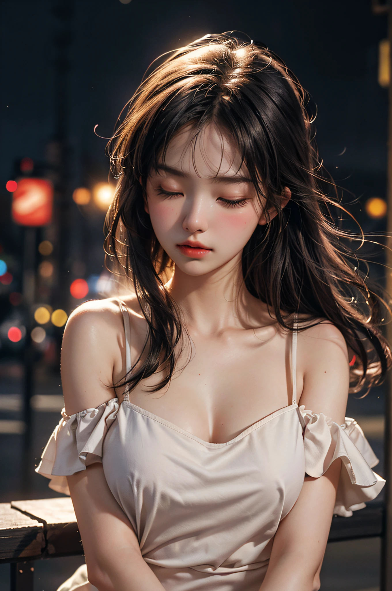 8yk、Raw photo、(masuter piece)、(top-quality)、Hi-Res、(girl with)、(realisitic、Photorealsitic:1.2), Upper body、Orange Camisole、Facing up、with blush cheeks、well-muscled、20yr old、Colossal tits、Eyes closed、Deep sadness、Sorrow、look up sky、Open mouth、screeming、Night city、Background blur