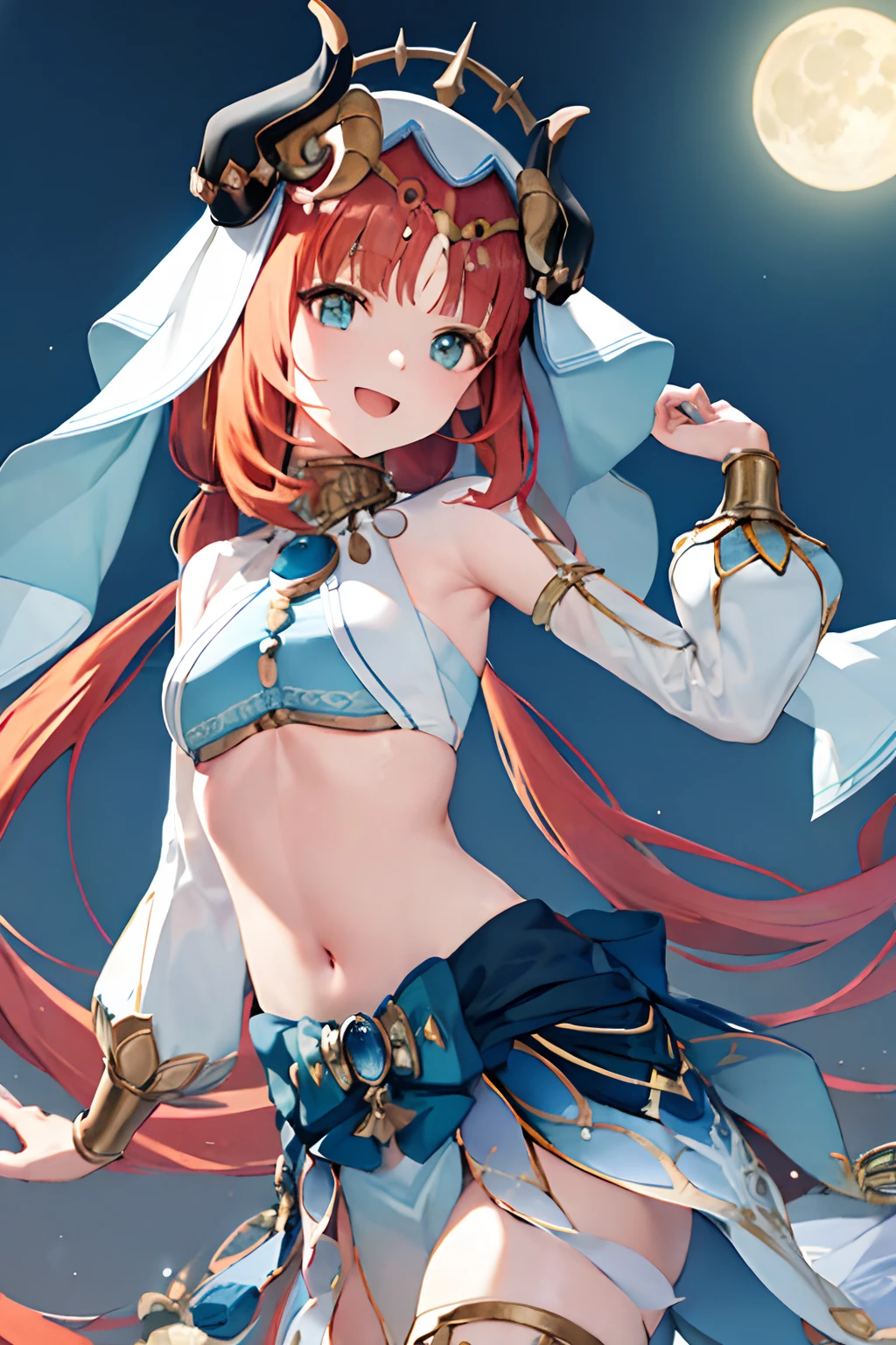 (Realistic painting style:0.9), masterpiece, best quality,  absurdres, nilou (neither flower nor mist) (genshin impact), aqua eyes, nilou (genshin impact), fake horns, 1girl, solo, red hair, veil, smile, moon, long hair, crop top, jewelry, horns, night, bracer, brooch, long sleeves, puffy long sleeves, looking at viewer, skirt, bangs, twintails, water, puffy sleeves, sky, neck ring, open mouth, :d, full moon, night sky, flower, harem outfit, gold trim, parted bangs, arm up, breasts, circlet, outdoors, blue skirt, hair ornament, detached sleeves, low twintails, floating hair, gem, hair flower, blue gemstone, hand up, dancer, white headwear, small breasts, stomach, midriff, cowboy shot, blue bow, very long hair