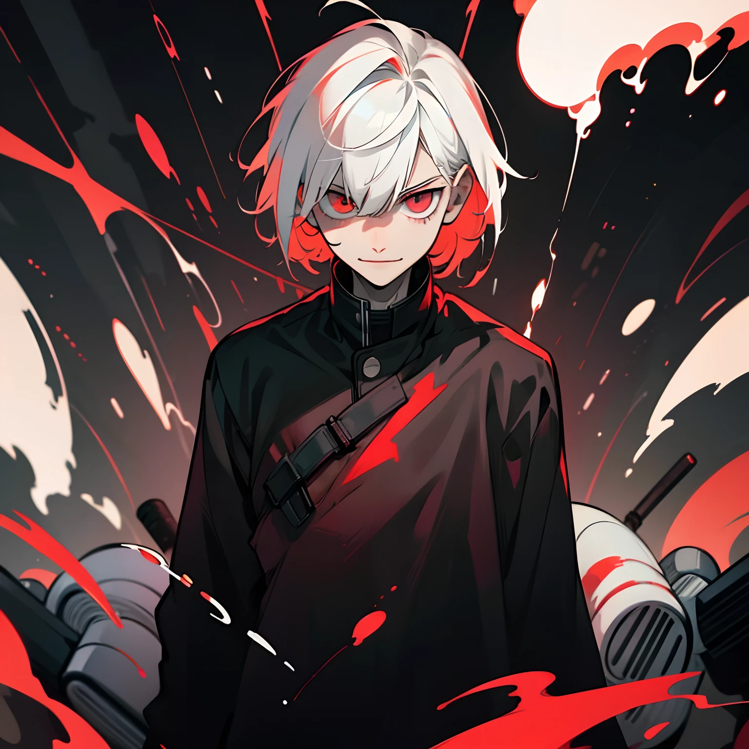 ((alone)), ((solo)), male character, young adult around 22 years old. messy white hair. a fringe covers one eye. The eyes are neon red. He has a crazy and disturbed smile. pale skin. black clothes.