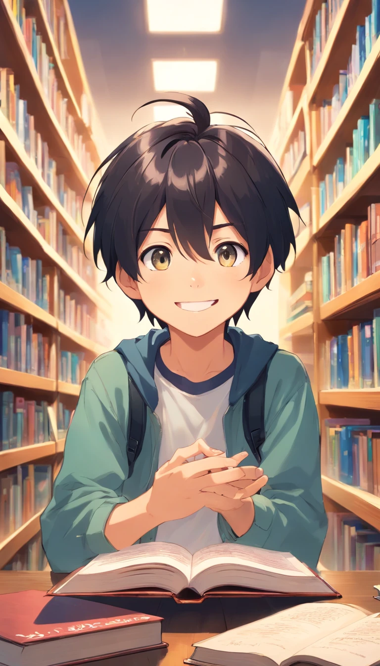 primary school5Grade Boy, Fun eyes, a smile, 发光,,Detailed face, Black hair、book library