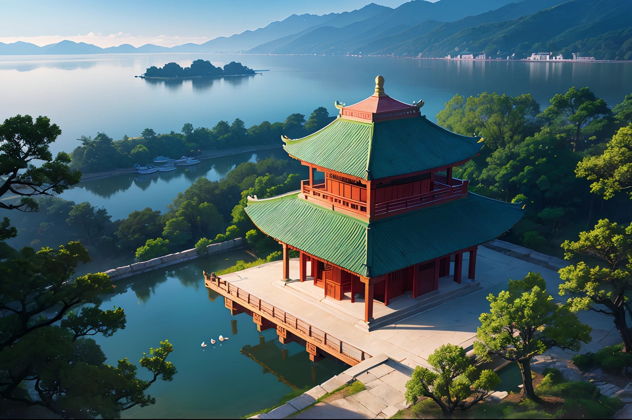 Hangzhou pagoda with ancient Chinese aesthetics，It is surrounded by ancient buildings and temples in the Chinese style，Composed of trees and landscapes，Panoramic view and soft light。Chinese landscape,chinese watercolor style,(Beautiful rendering of the Tang Dynasty+Beautiful detailed background：1.3)，Floating palace,(Pageant rendering+3D rendering style：0.8)，3D stylized scenes,(Beautiful landscape rendering+Chinese painting style：0.9)，Stylized digital illustration,Camera effects。