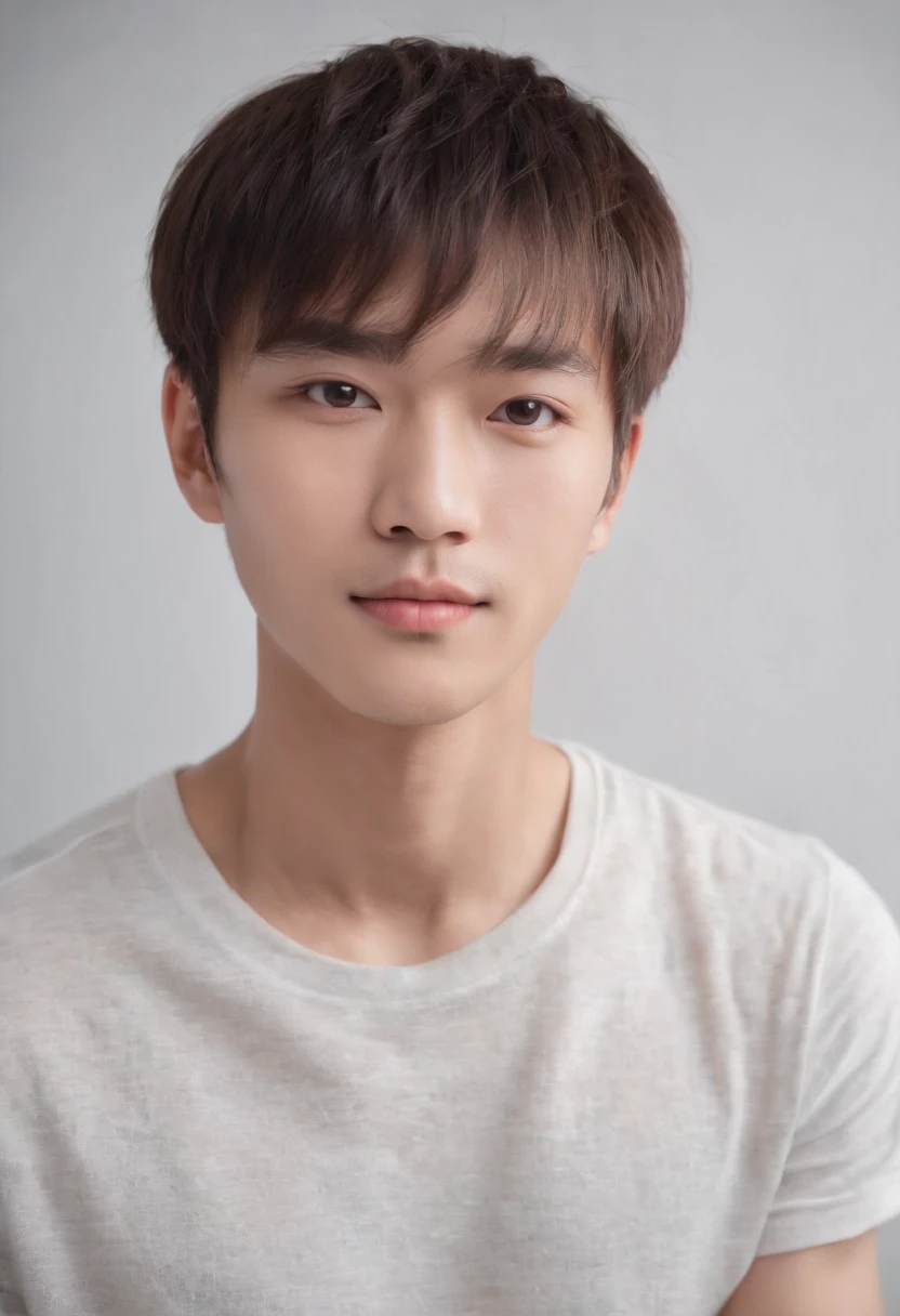 (Photo: 1.3) af (realistic: 1.3), East Asian man,bowl cut,soft light, clear face, front, ((white T-shirt)), cheerful, warm light, ((gray-white gradient background)),(background)) ,avatar,(,handsome,young,((avatar))