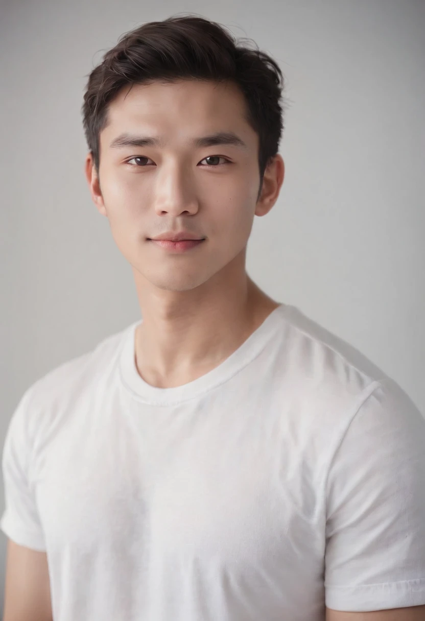 (Photo: 1.3) af (realistic: 1.3), East Asian man,curly_hair ,soft light, clear face, front, ((white T-shirt)), cheerful, warm light, ((gray-white gradient background)),(background)) ,avatar,(,handsome,young,((avatar))